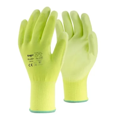 TOP FLUO-Y_PLUS PU mártott védőkesztyű, gumírozott mandzsetta, fluo sárga