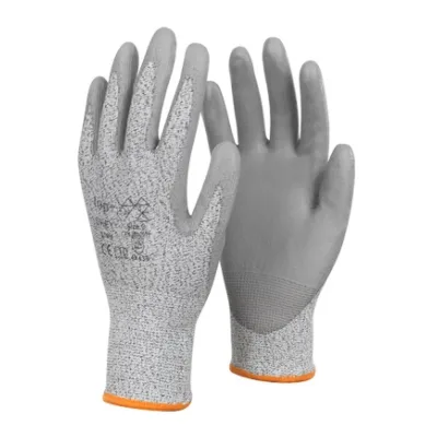 TOP GREY PU mártott kevertszálas vágásbiztos védőkesztyű, gumírozott mandzsetta