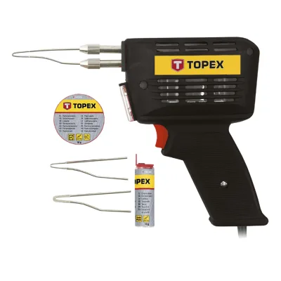 TOPEX Forrasztópisztoly 150W, kiegészítőkkel, 3db pákacsúcs, forrasztókrém, forrasztóón, kofferben