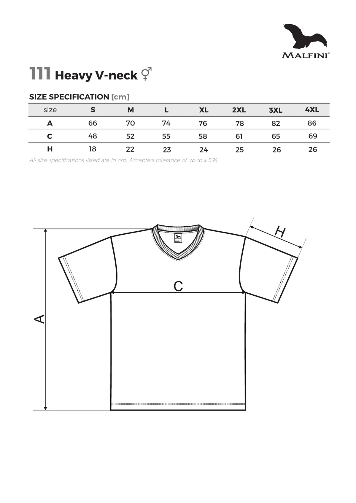 MALFINI Heavy V-neck póló (111) gyártói méretlapja: mérettáblázat és a mérési pontok ábrája