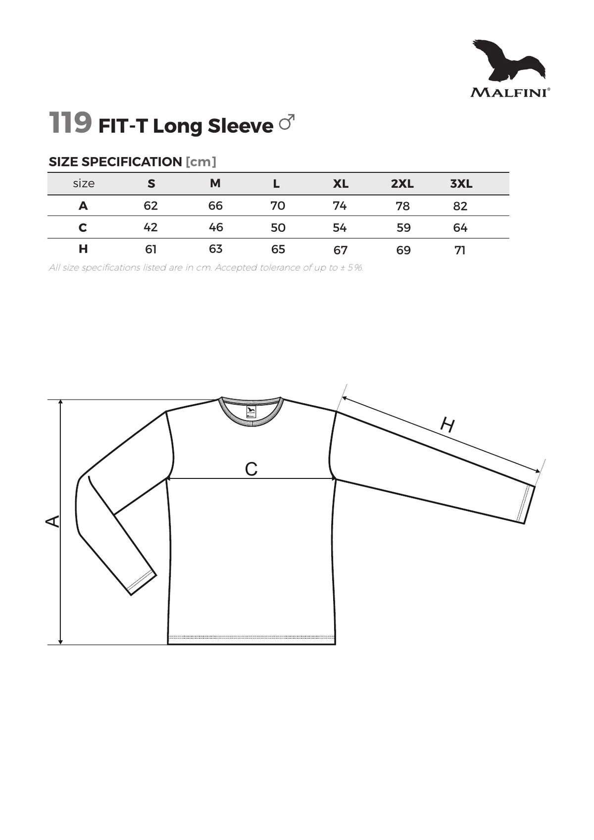 MALFINI Fit-t ls póló (119) gyártói méretlapja: mérettáblázat és a mérési pontok ábrája