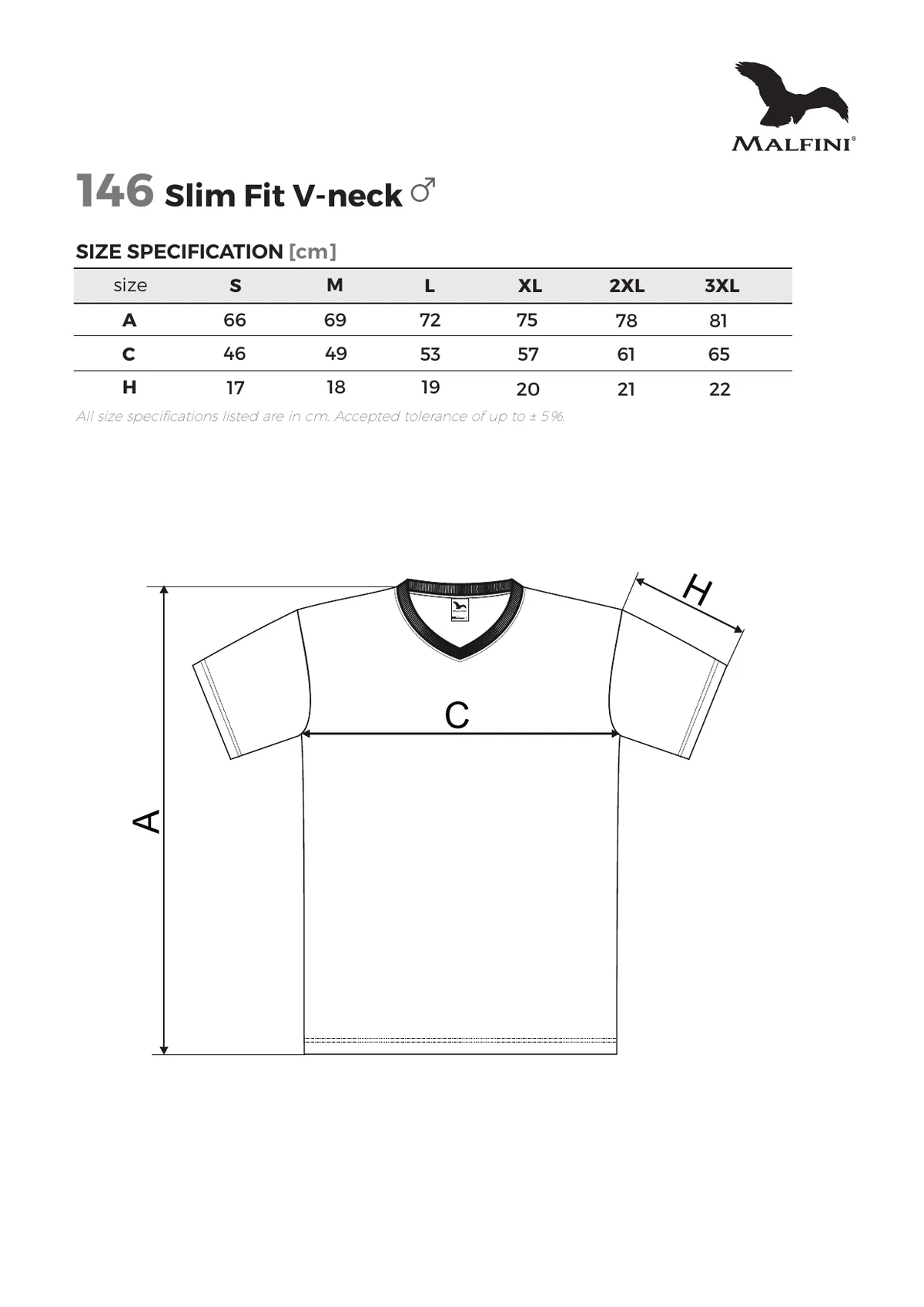 MALFINI Slim Fit V-neck póló (146) gyártói méretlapja: mérettáblázat és a mérési pontok ábrája