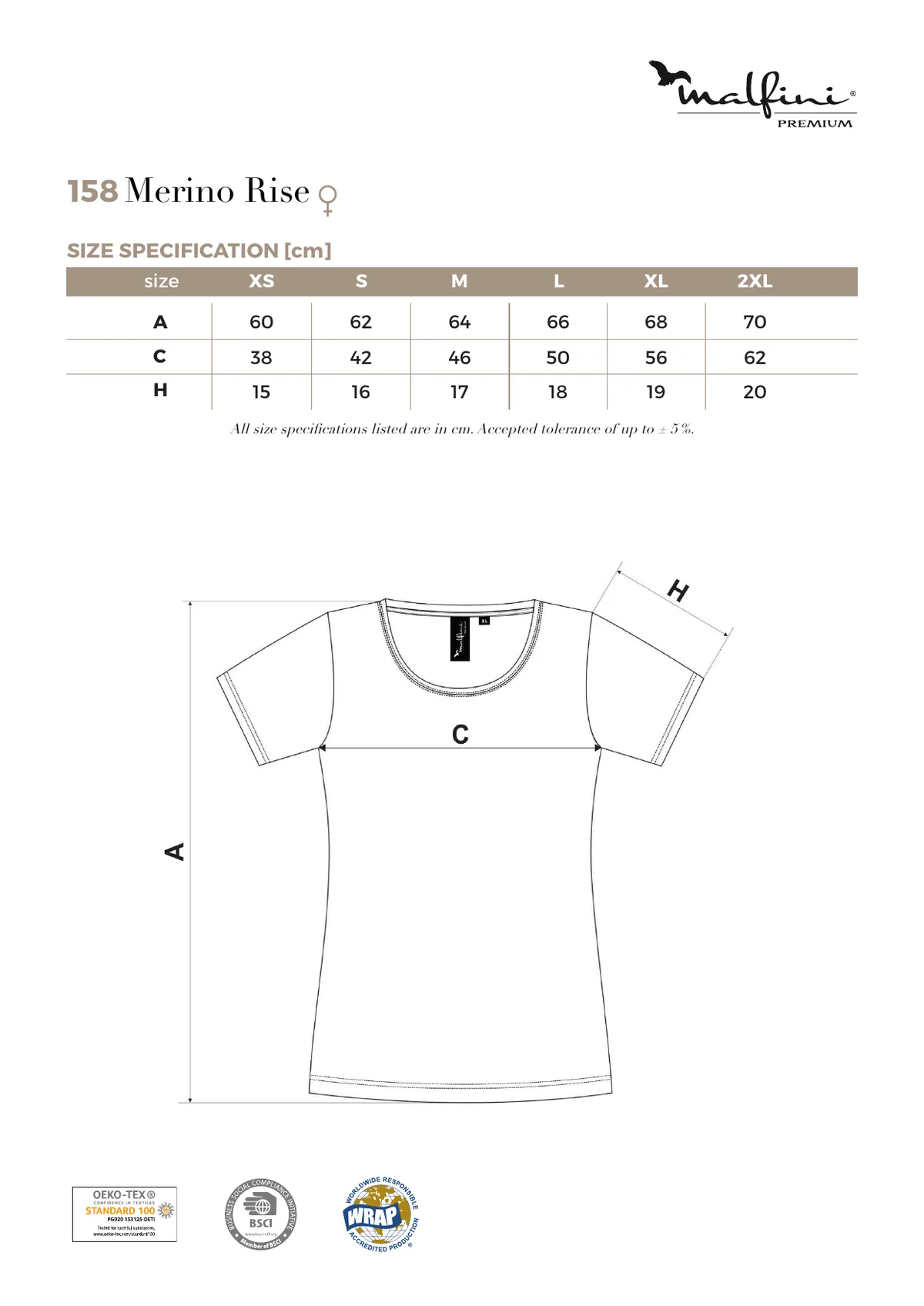 MALFINI Premium Merino Rise póló (158) gyártói méretlapja: mérettáblázat és a mérési pontok ábrája