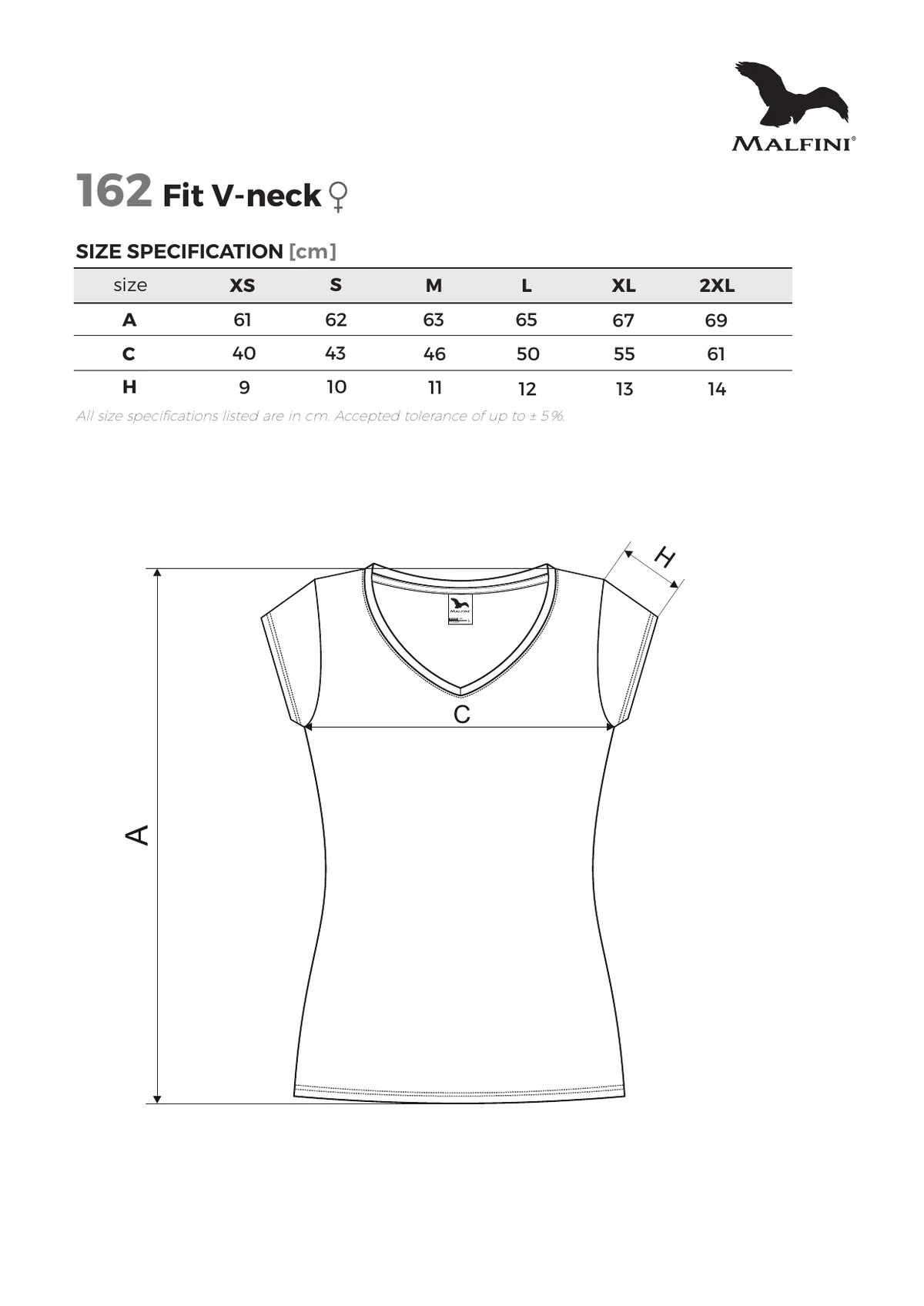 MALFINI Fit V-neck póló (162) gyártói méretlapja: mérettáblázat és a mérési pontok ábrája