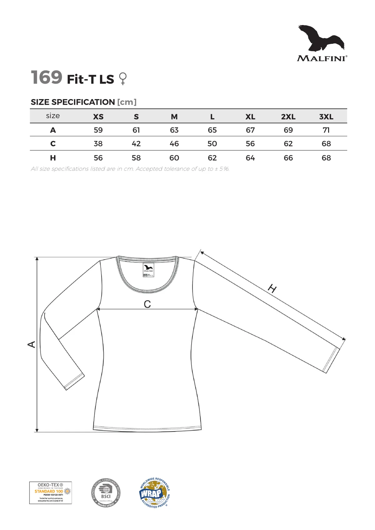 MALFINI Fit-t ls póló (169) gyártói méretlapja: mérettáblázat és a mérési pontok ábrája