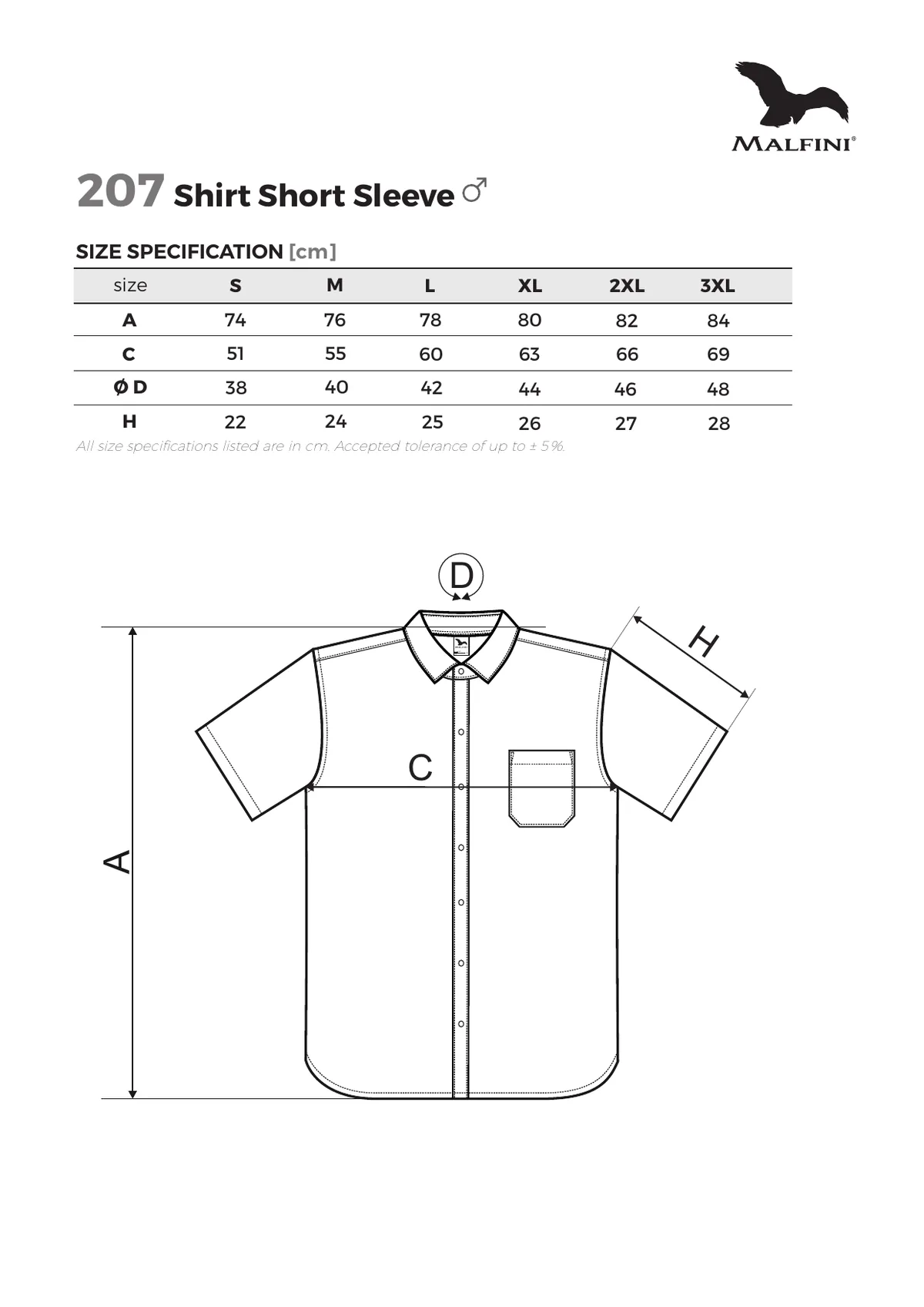 MALFINI Chic ing (207) gyártói méretlapja: mérettáblázat és a mérési pontok ábrája