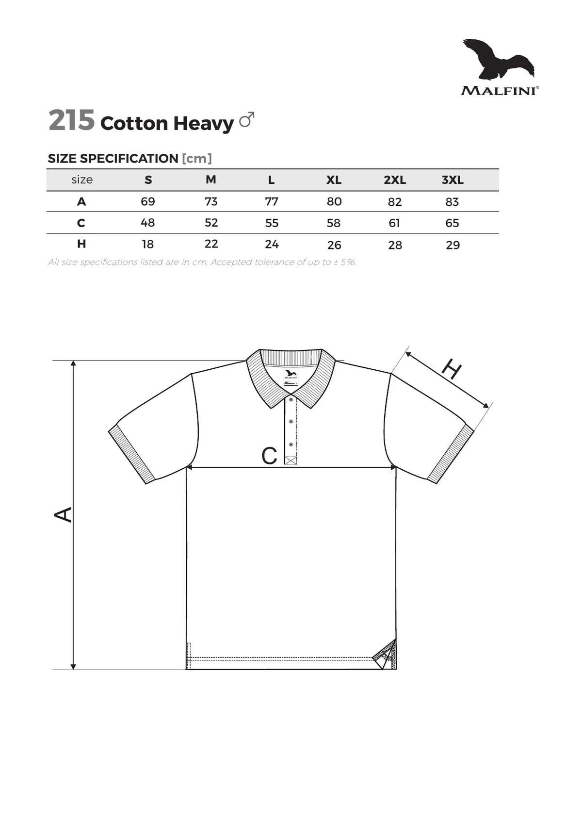 MALFINI Cotton Heavy póló (215) gyártói méretlapja: mérettáblázat és a mérési pontok ábrája