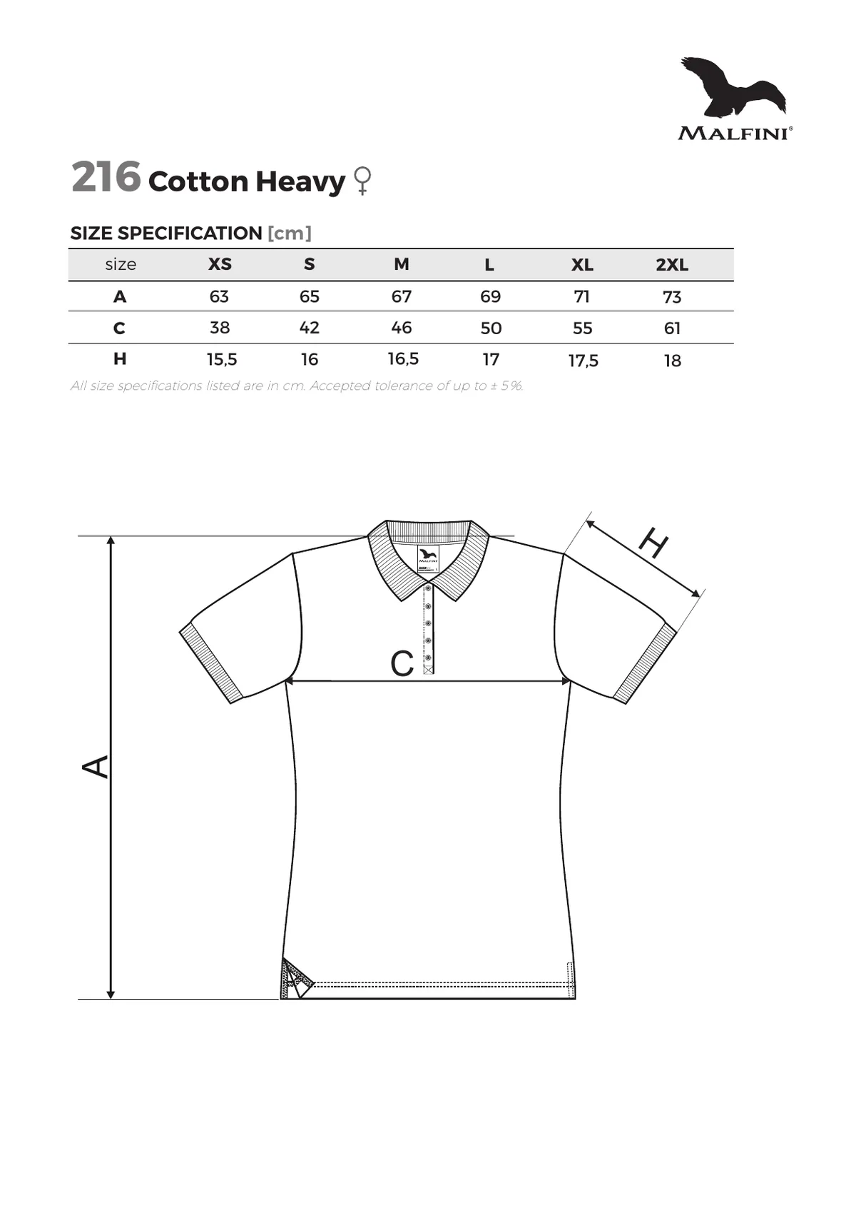 MALFINI Cotton Heavy póló (216) gyártói méretlapja: mérettáblázat és a mérési pontok ábrája