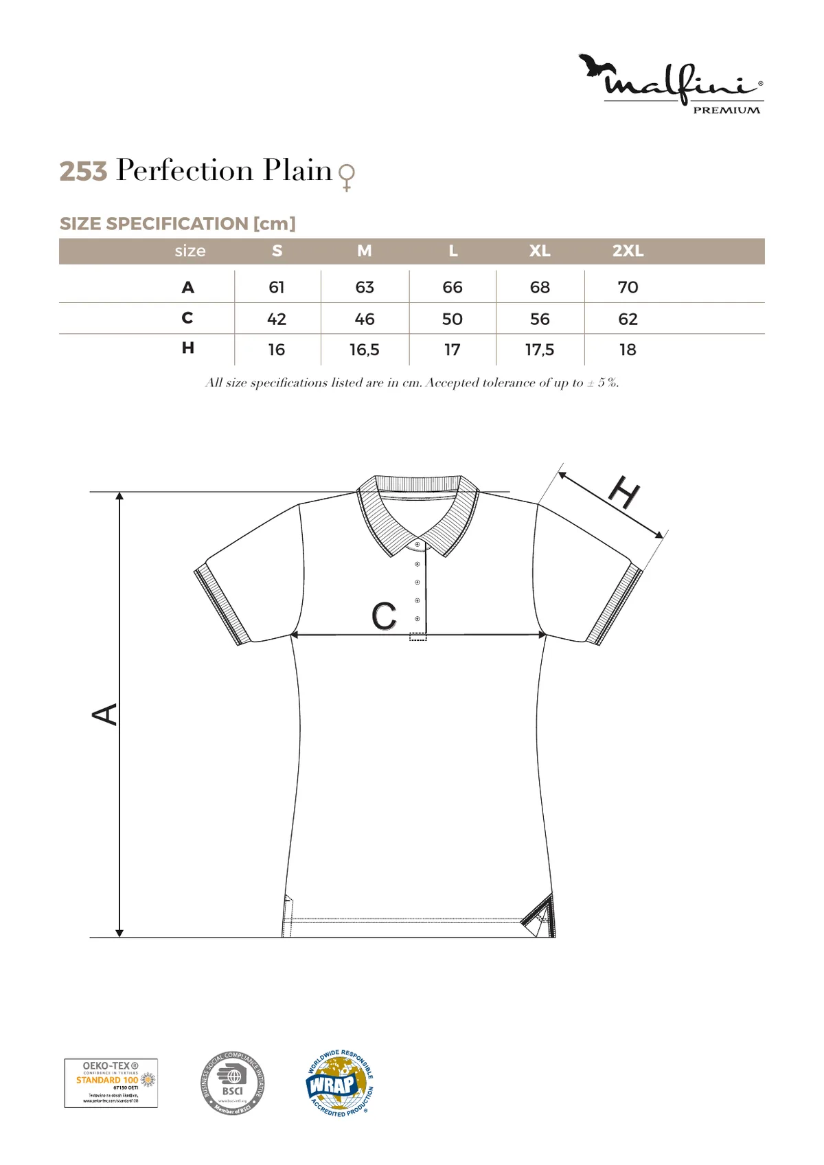 MALFINI Premium Perfection plain póló (253) gyártói méretlapja: mérettáblázat és a mérési pontok ábrája
