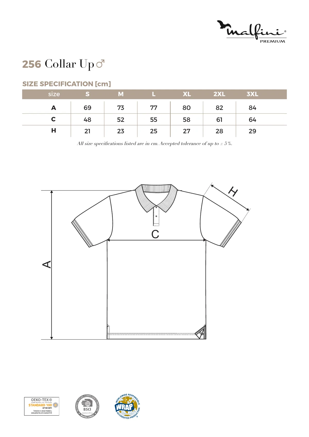 MALFINI Premium Collar Up póló (256) gyártói méretlapja: mérettáblázat és a mérési pontok ábrája