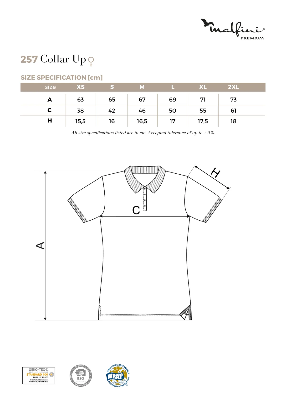 MALFINI Premium Collar Up póló (257) gyártói méretlapja: mérettáblázat és a mérési pontok ábrája