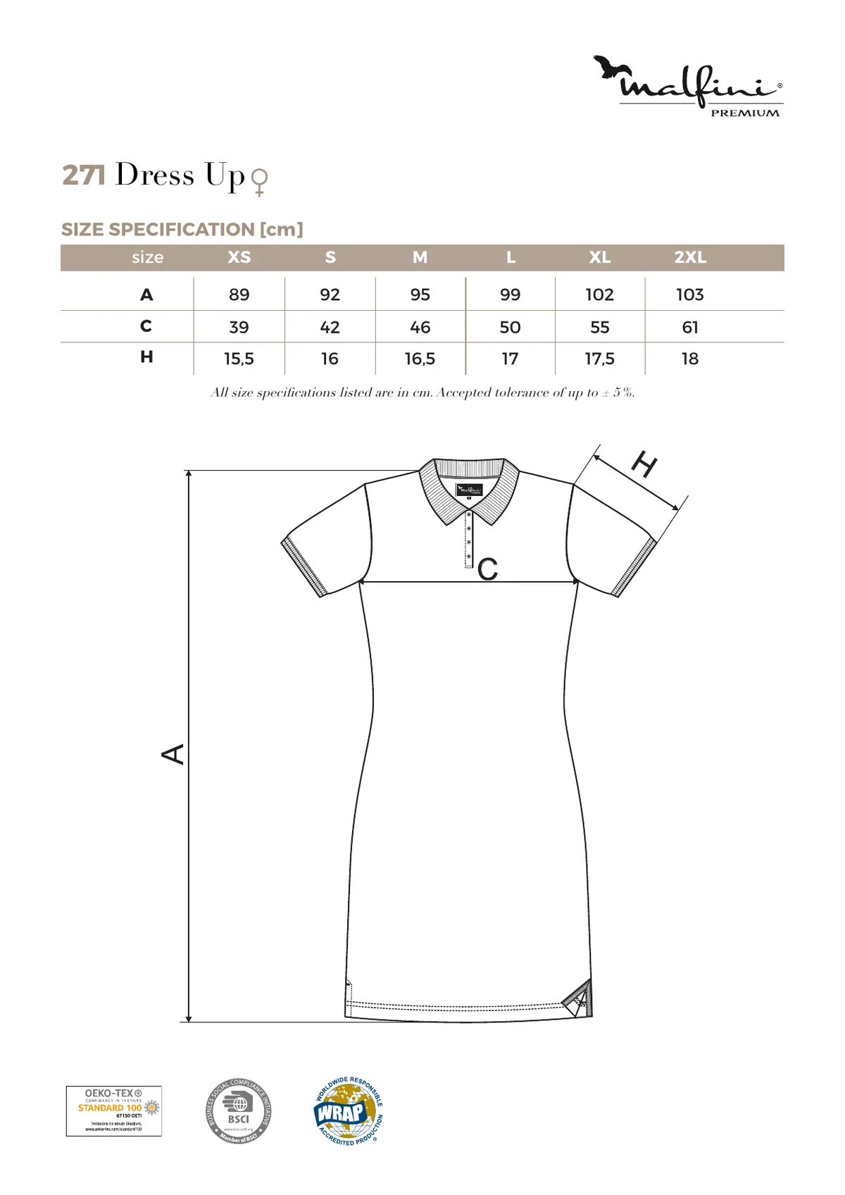 MALFINI Premium Dress up póló (271) gyártói méretlapja: mérettáblázat és a mérési pontok ábrája