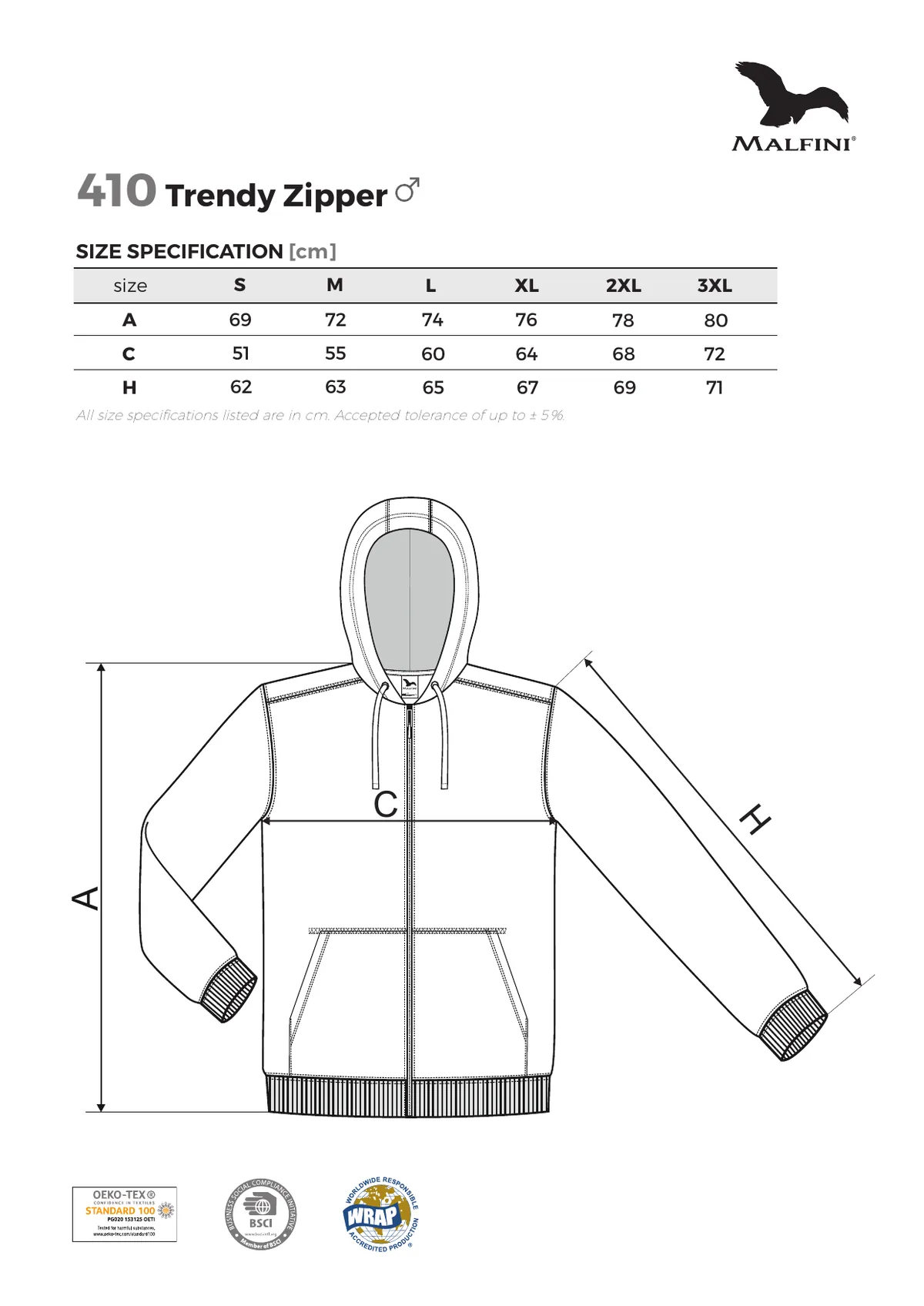 MALFINI Trendy Zipper pulóverek és kardigán (410) gyártói méretlapja: mérettáblázat és a mérési pontok ábrája