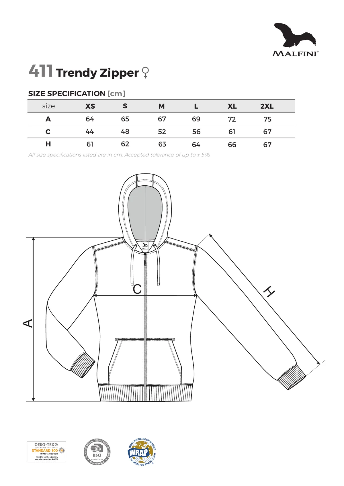 MALFINI Trendy Zipper pulóverek és kardigán (411) gyártói méretlapja: mérettáblázat és a mérési pontok ábrája