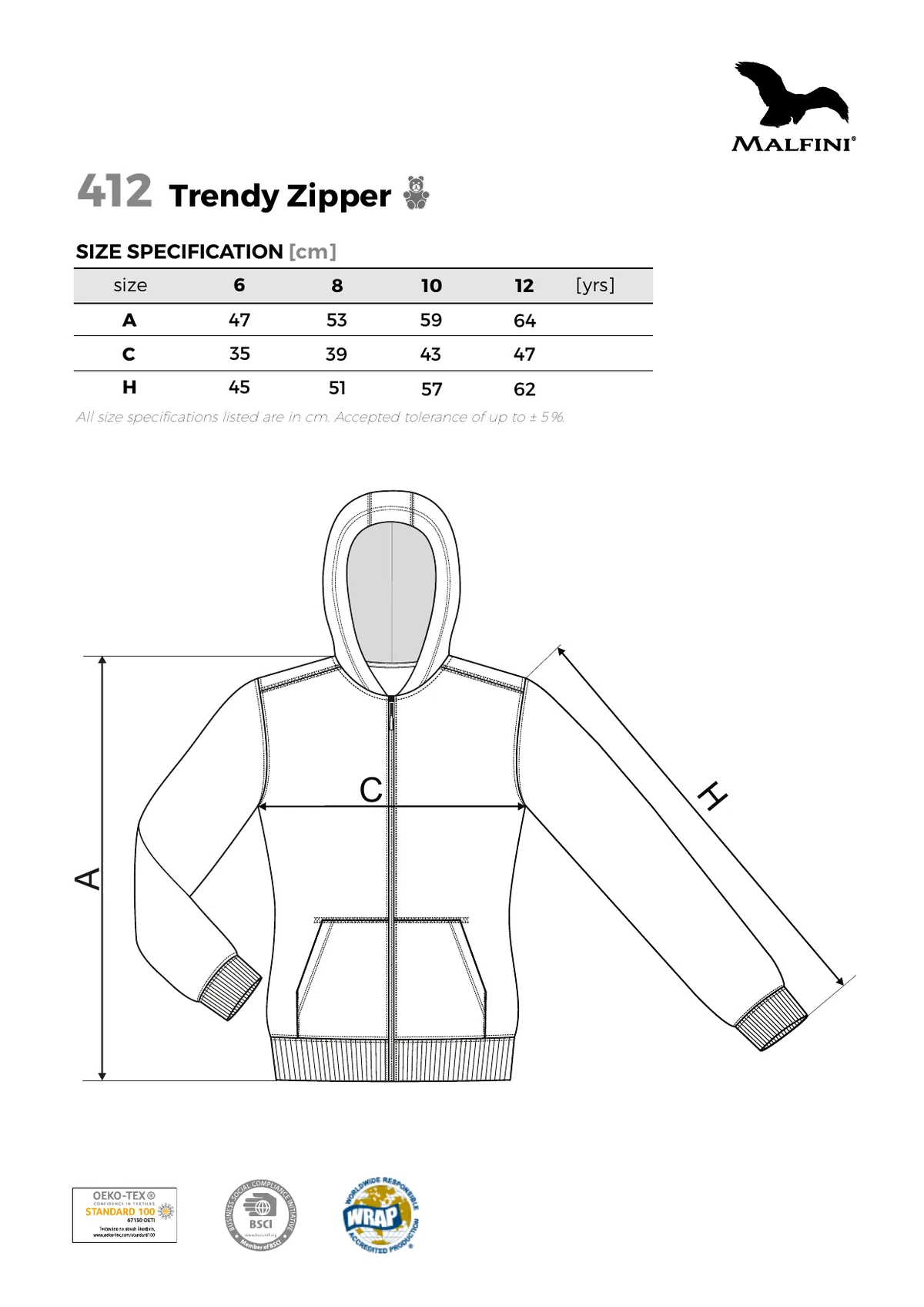 MALFINI Trendy Zipper pulóverek és kardigán (412) gyártói méretlapja: mérettáblázat és a mérési pontok ábrája