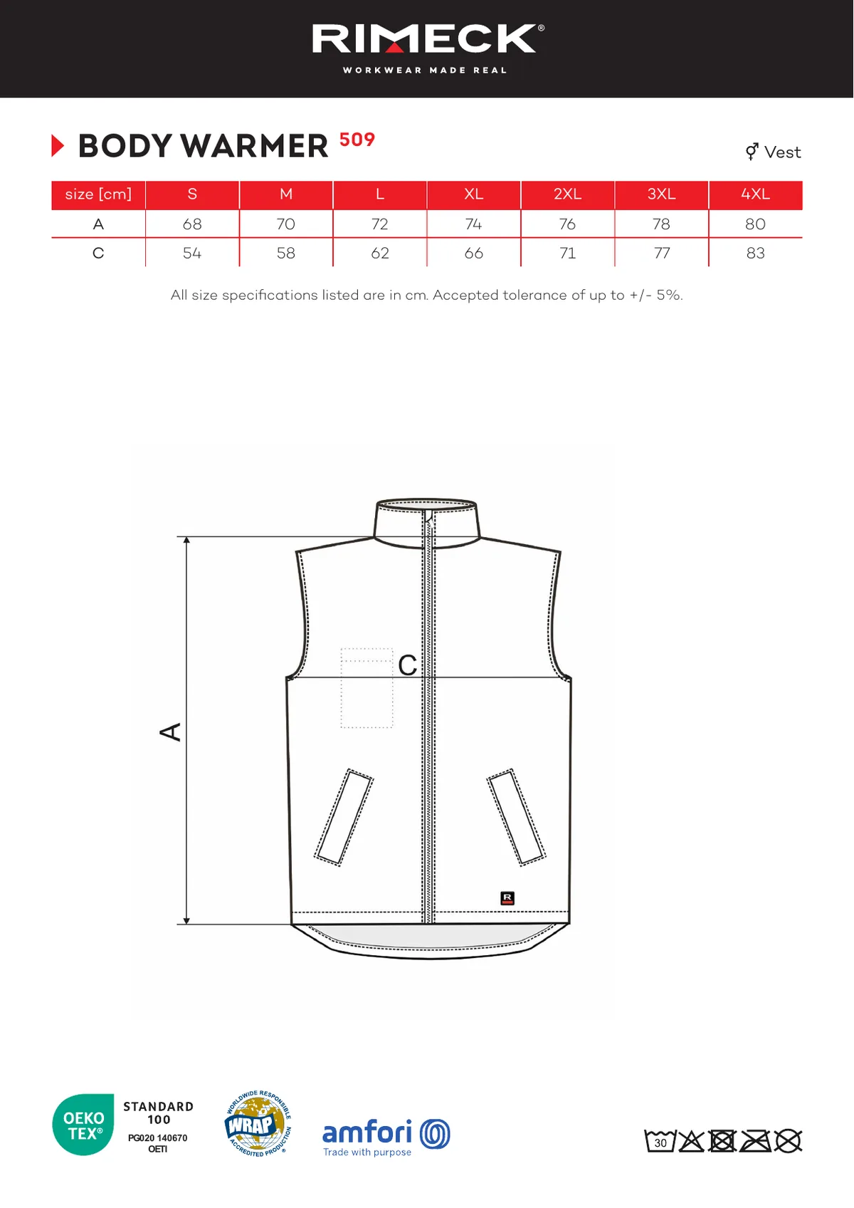 RIMECK Body Warmer (509) gyártói méretlapja: mérettáblázat és a mérési pontok ábrája