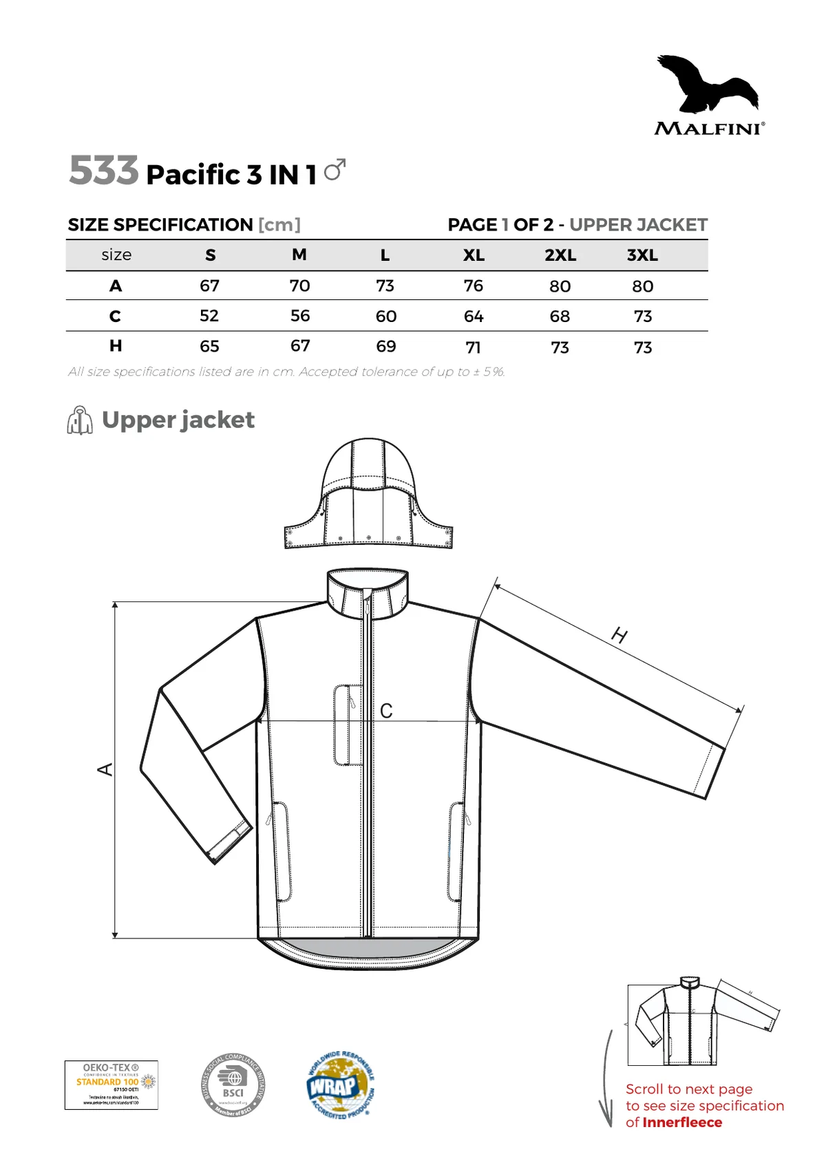 MALFINI Pacific 3 in 1 (533) gyártói méretlapja: mérettáblázat és a mérési pontok ábrája