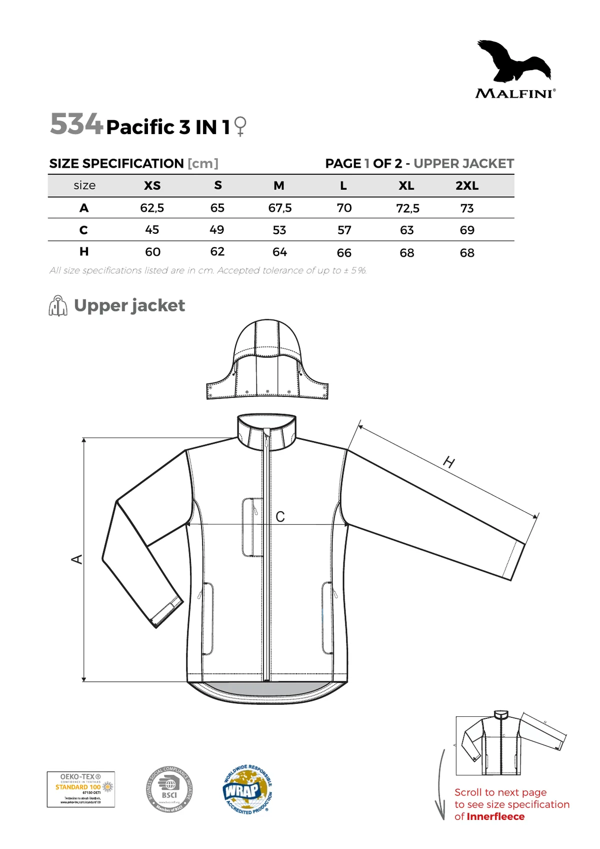 MALFINI Pacific 3 in 1 (534) gyártói méretlapja: mérettáblázat és a mérési pontok ábrája