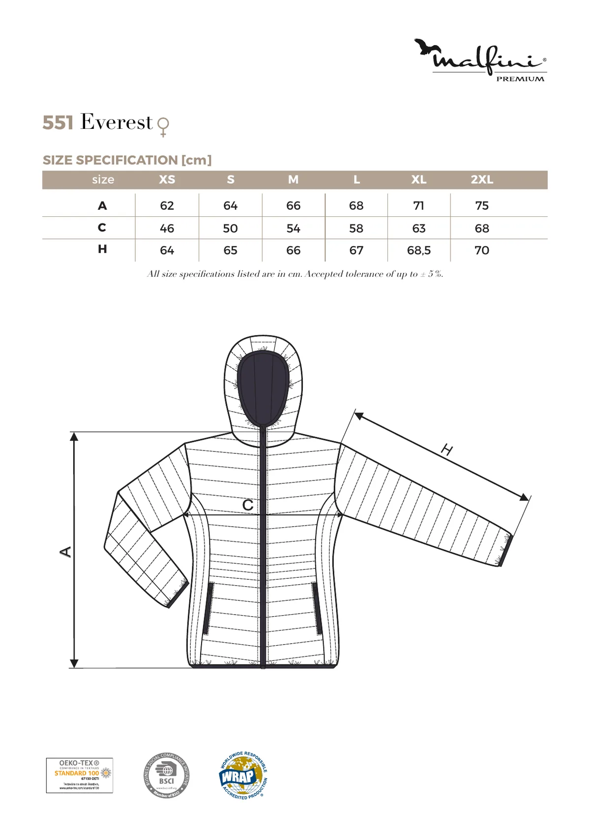 MALFINI Premium Everest (551) gyártói méretlapja: mérettáblázat és a mérési pontok ábrája