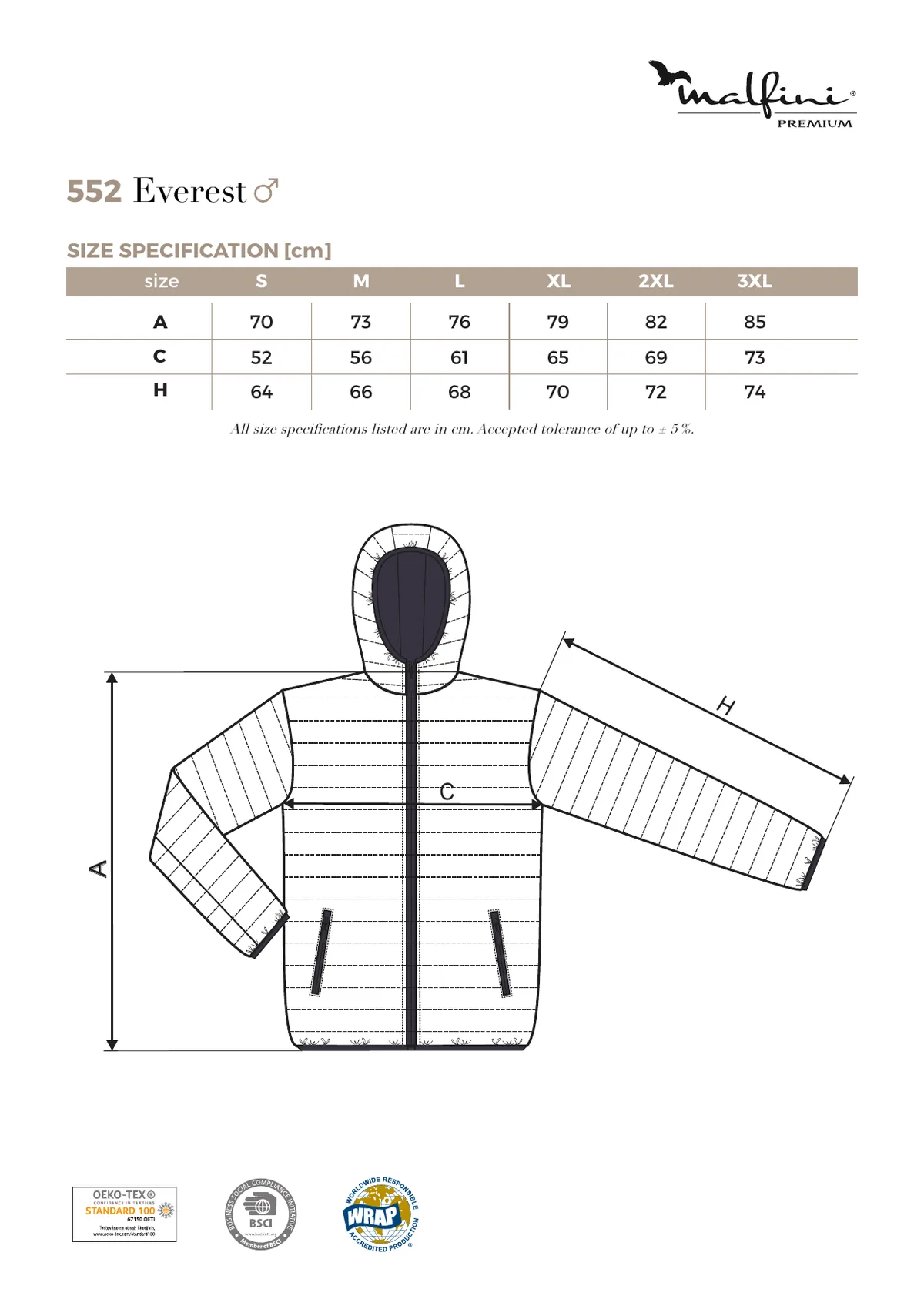 MALFINI Premium Everest (552) gyártói méretlapja: mérettáblázat és a mérési pontok ábrája