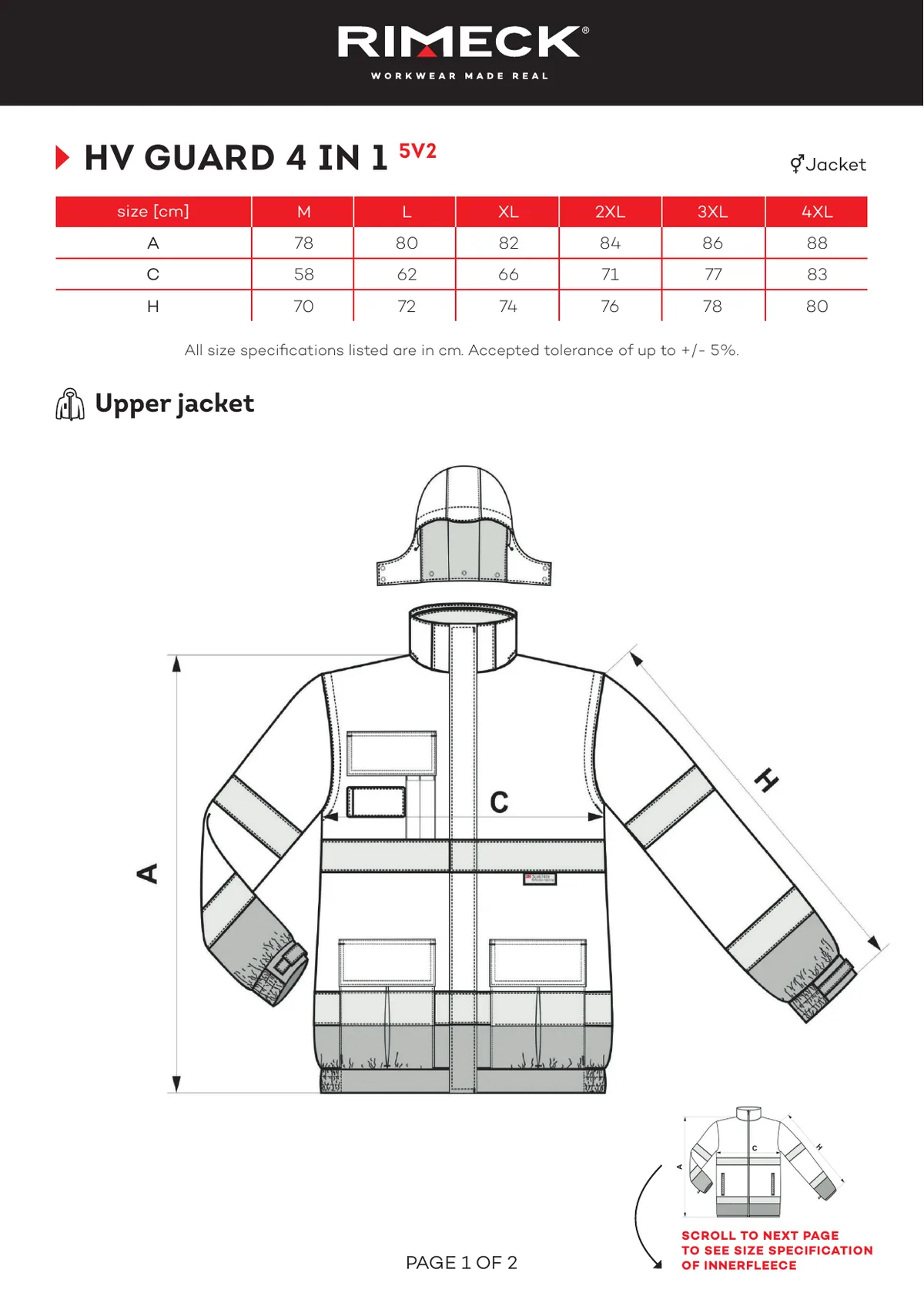 RIMECK HV Guard 4 in 1 (5V2) gyártói méretlapja: mérettáblázat és a mérési pontok ábrája