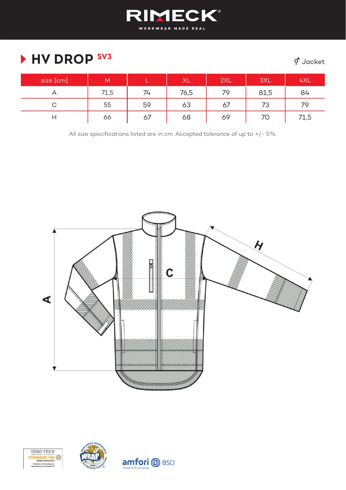RIMECK HV Drop (5V3) gyártói méretlapja: mérettáblázat és a mérési pontok ábrája