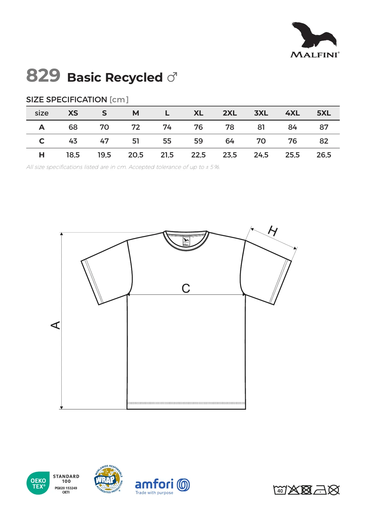 MALFINI Basic Recycled póló (829) gyártói méretlapja: mérettáblázat és a mérési pontok ábrája