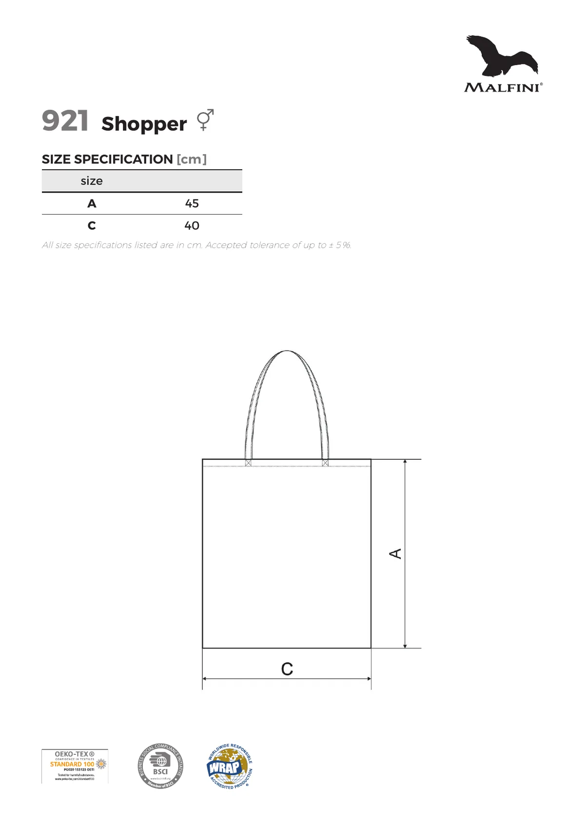 MALFINI Shopper (921) gyártói méretlapja: mérettáblázat és a mérési pontok ábrája