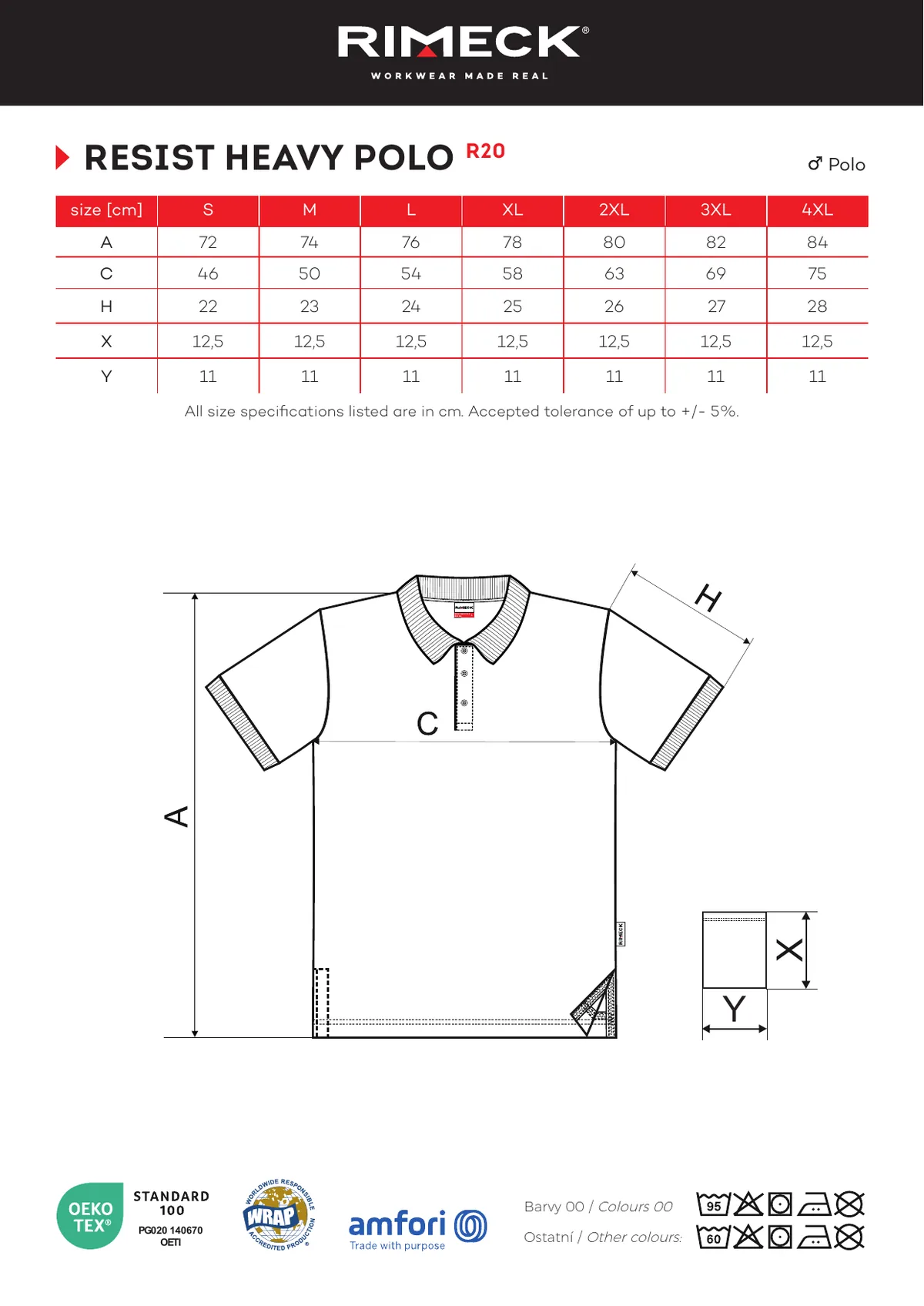 RIMECK Resist Heavy Polo (R20) gyártói méretlapja: mérettáblázat és a mérési pontok ábrája