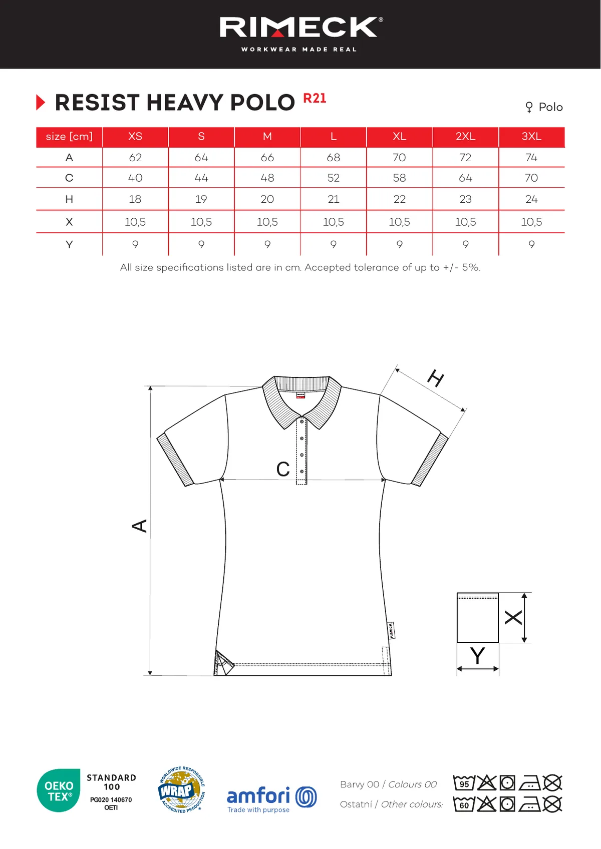RIMECK Resist Heavy Polo (R21) gyártói méretlapja: mérettáblázat és a mérési pontok ábrája