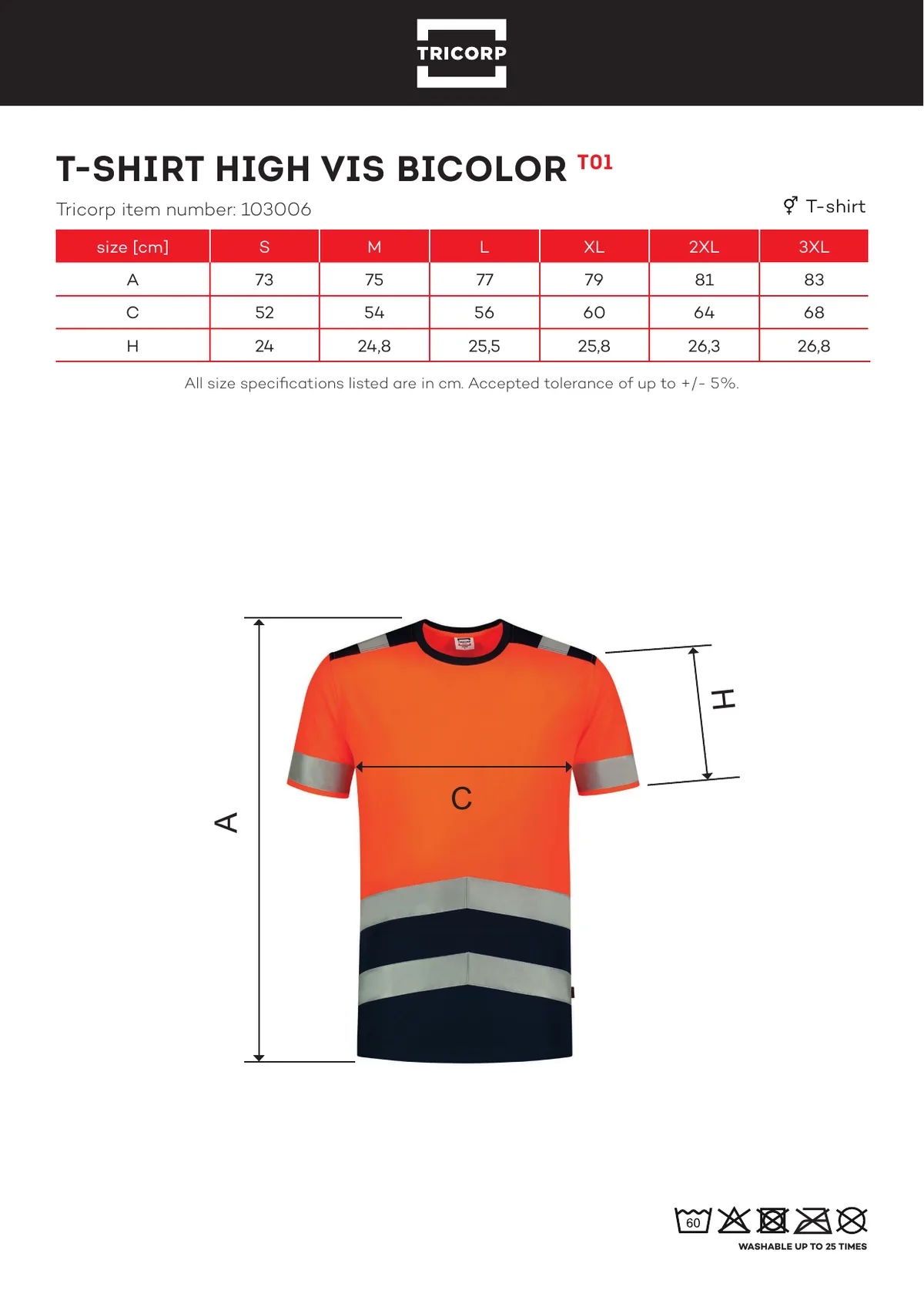 TRICORP T-Shirt High Vis Bicolor póló (T01) gyártói méretlapja: mérettáblázat és a mérési pontok ábrája