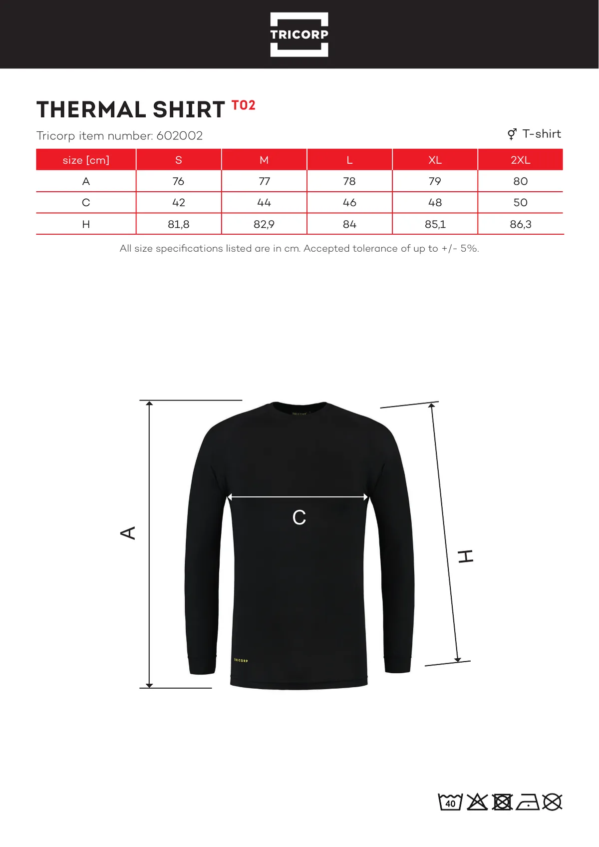 TRICORP Thermal Shirt póló (T02) gyártói méretlapja: mérettáblázat és a mérési pontok ábrája
