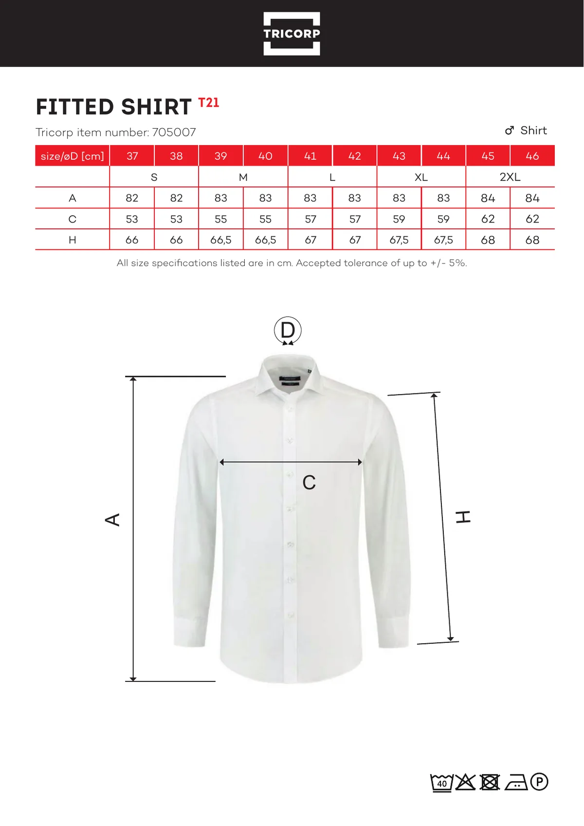 TRICORP Fitted Shirt ing (T21) gyártói méretlapja: mérettáblázat és a mérési pontok ábrája