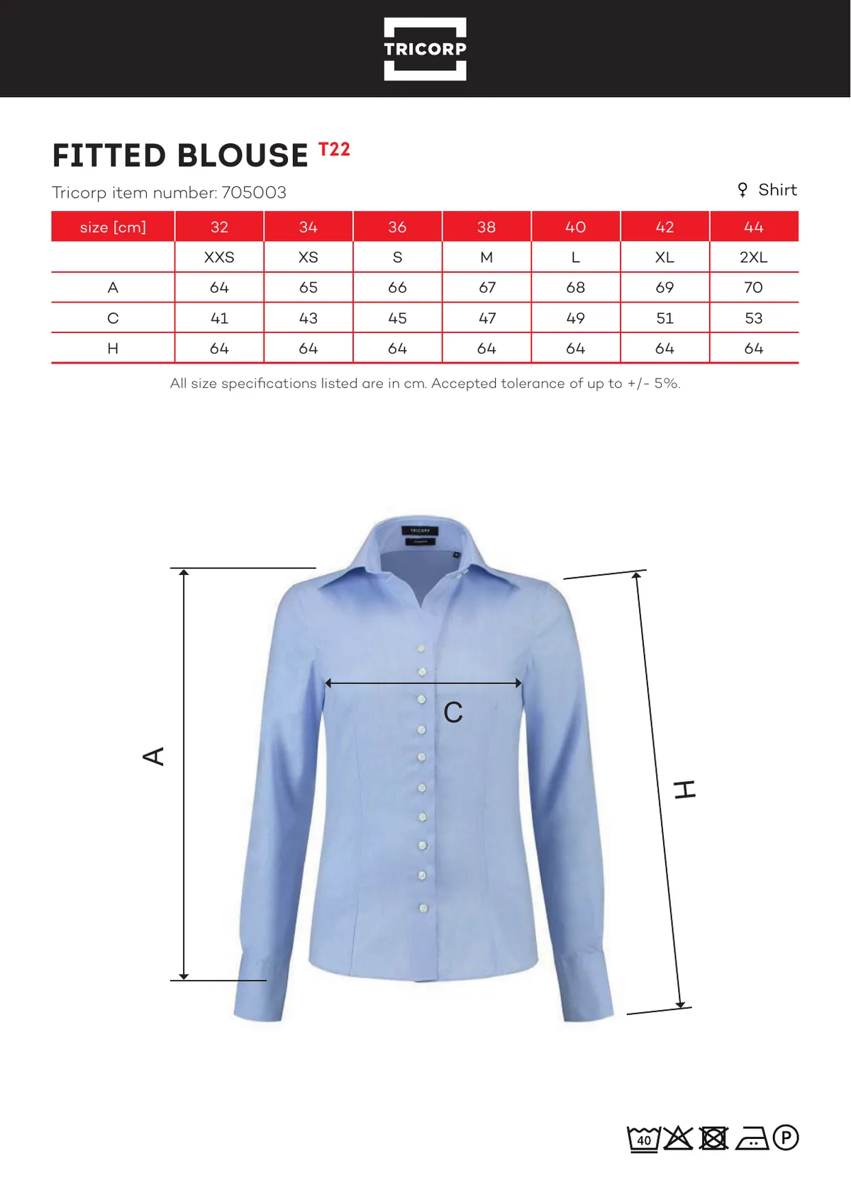 TRICORP Fitted Blouse ing (T22) gyártói méretlapja: mérettáblázat és a mérési pontok ábrája