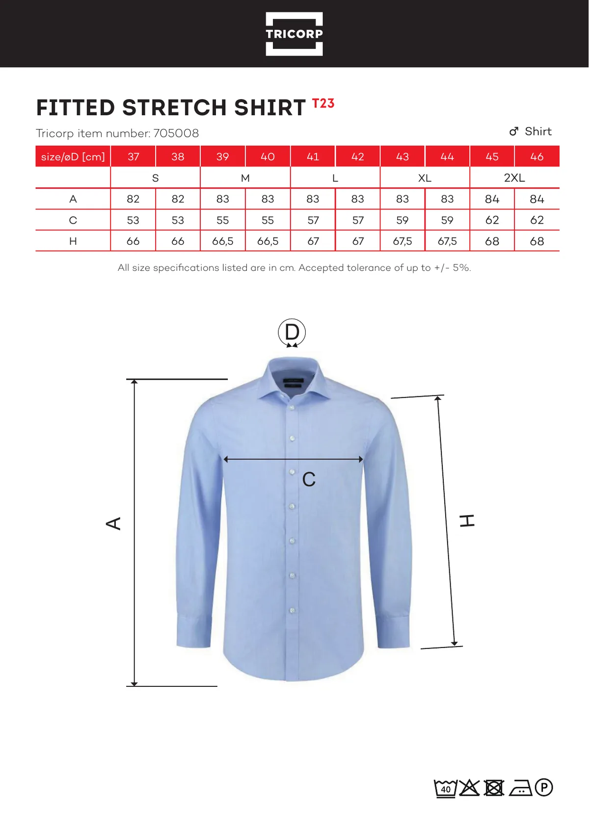 TRICORP Fitted Stretch Shirt ing (T23) gyártói méretlapja: mérettáblázat és a mérési pontok ábrája