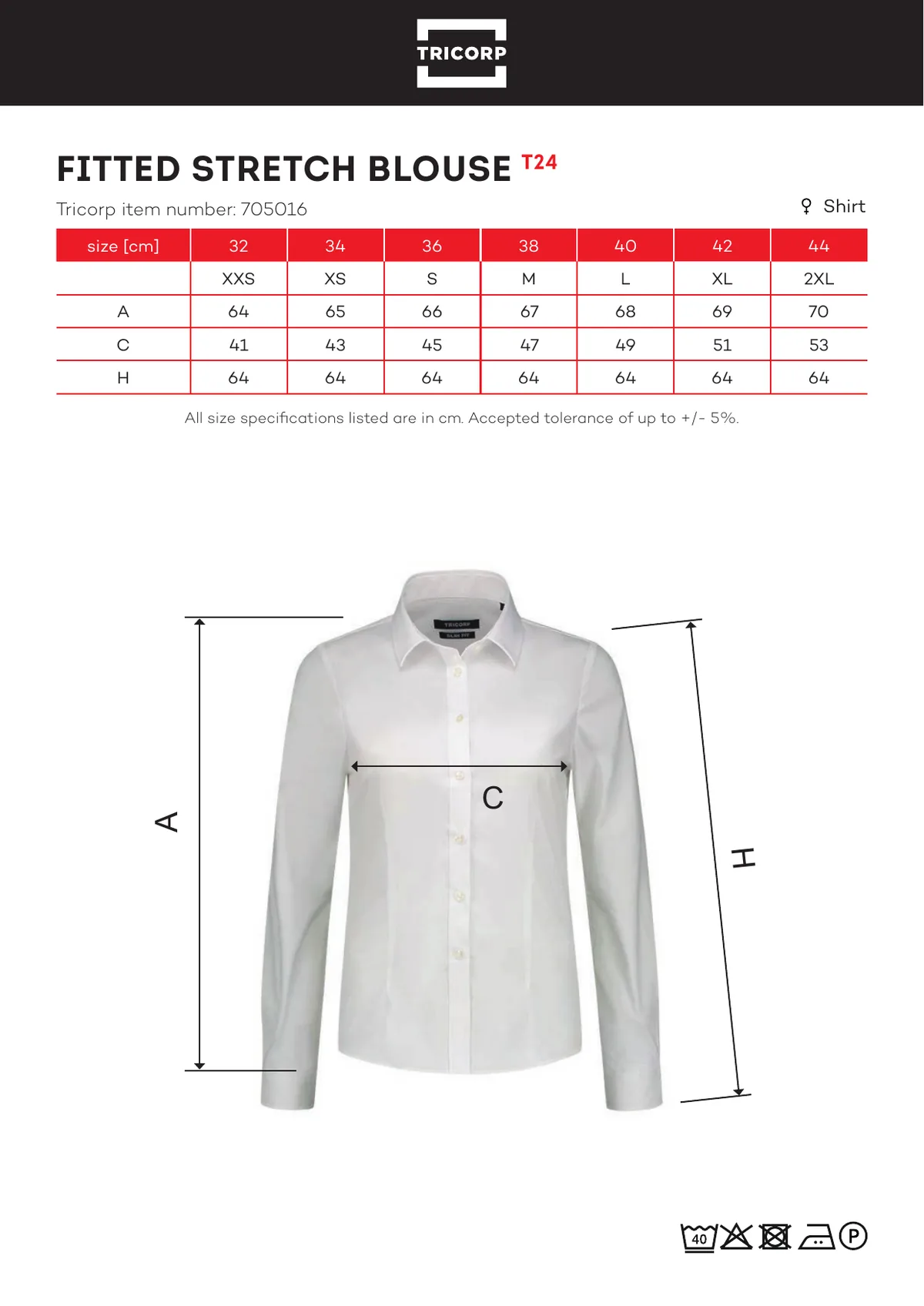TRICORP Fitted Stretch Blouse ing (T24) gyártói méretlapja: mérettáblázat és a mérési pontok ábrája
