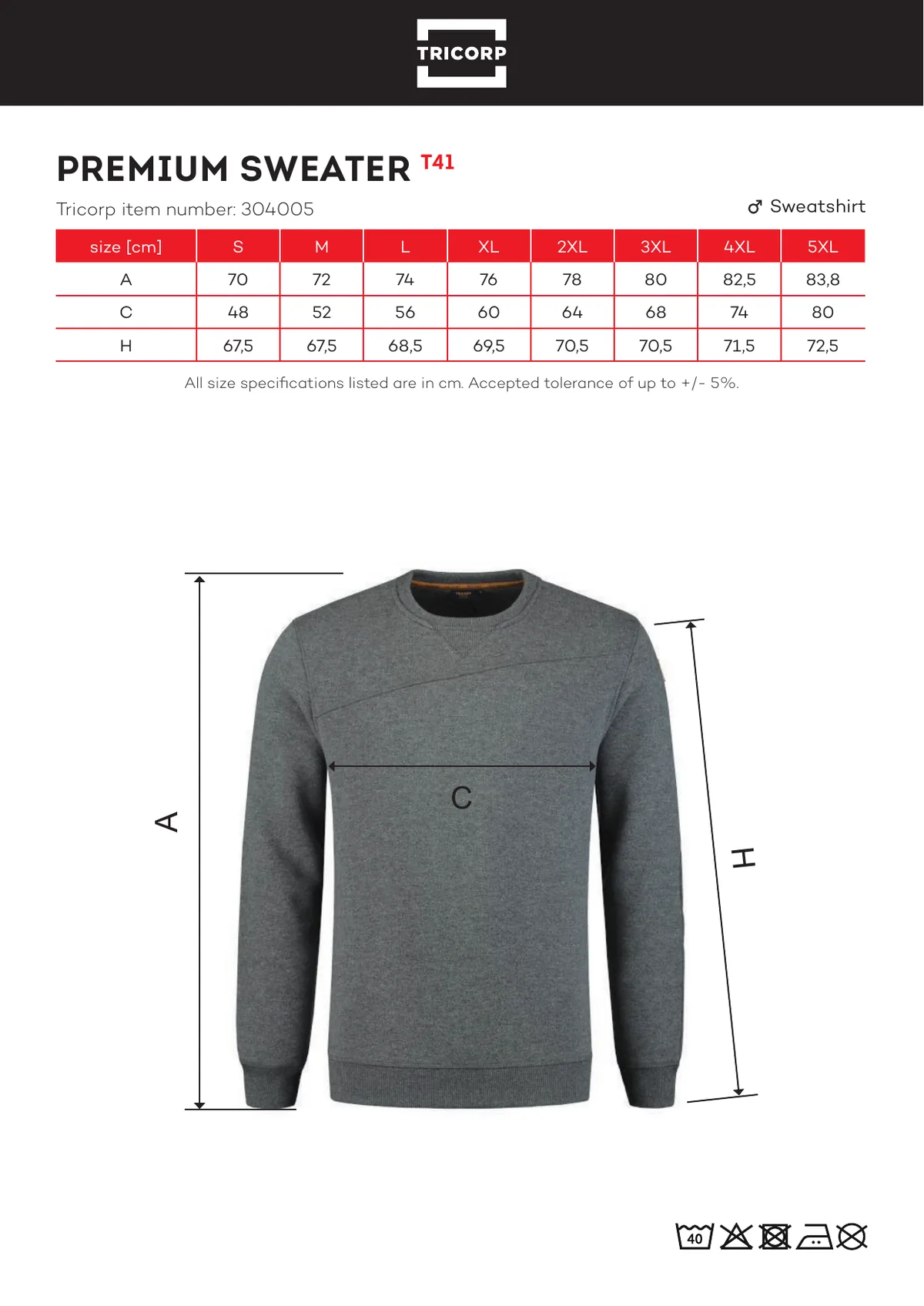 TRICORP Premium Sweater pulóverek és kardigán (T41) gyártói méretlapja: mérettáblázat és a mérési pontok ábrája
