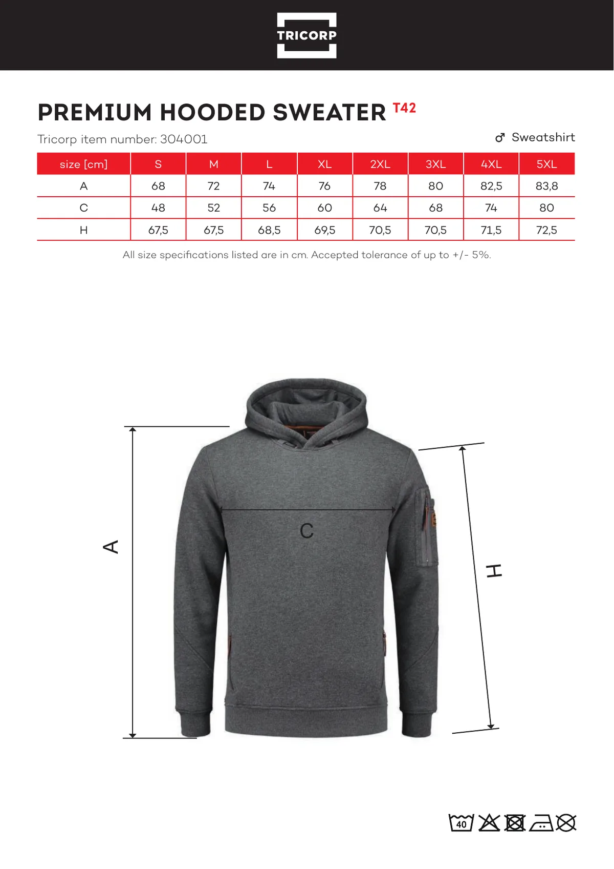 TRICORP Premium Hooded Sweater pulóverek és kardigán (T42) gyártói méretlapja: mérettáblázat és a mérési pontok ábrája