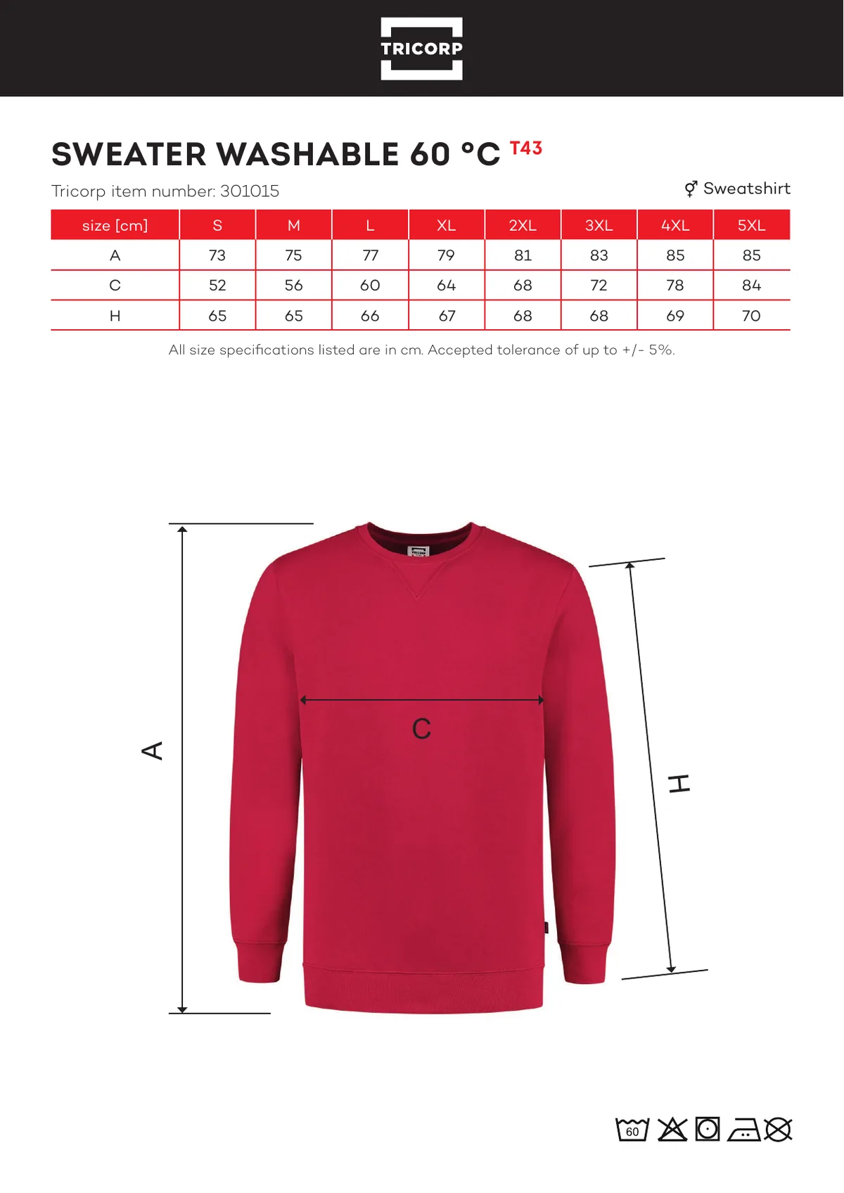 TRICORP Sweater Washable 60 °C pulóverek és kardigán (T43) gyártói méretlapja: mérettáblázat és a mérési pontok ábrája