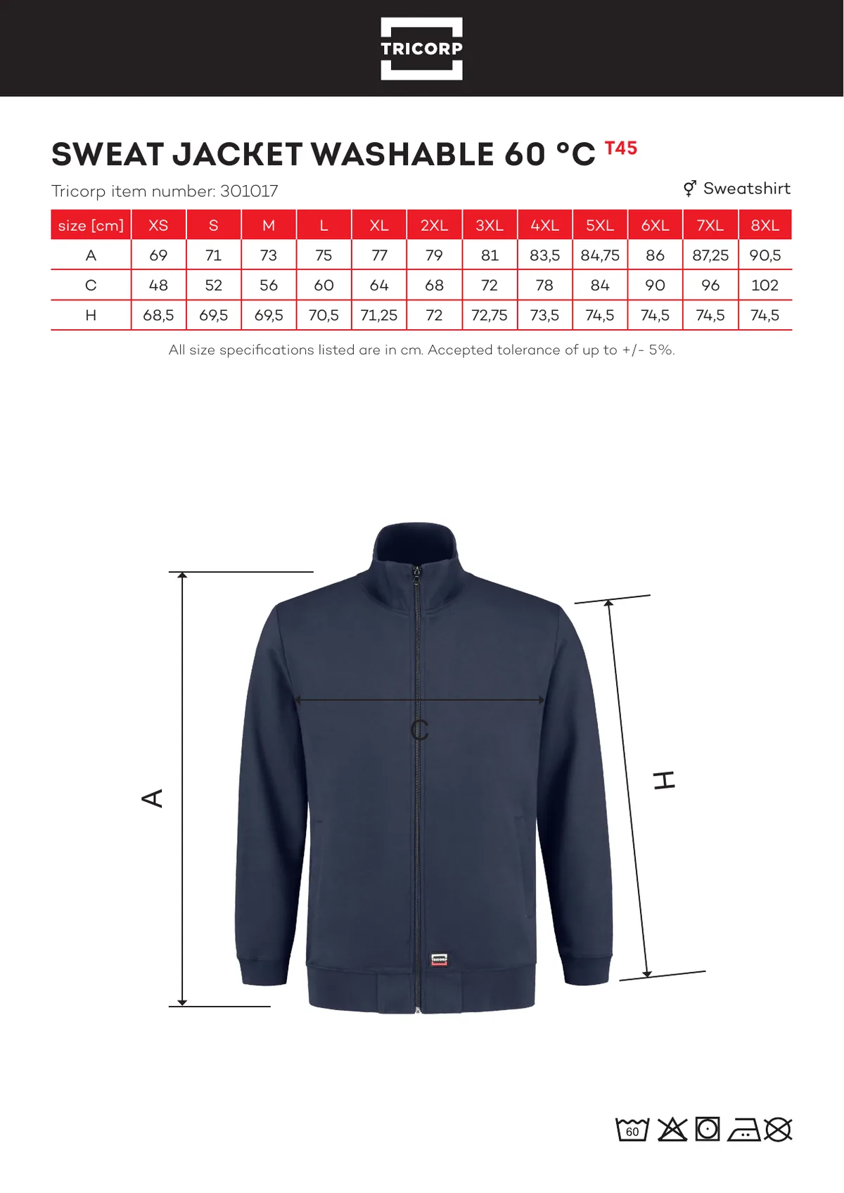 TRICORP Sweat kabát Washable 60 °C pulóverek és kardigán (T45) gyártói méretlapja: mérettáblázat és a mérési pontok ábrája
