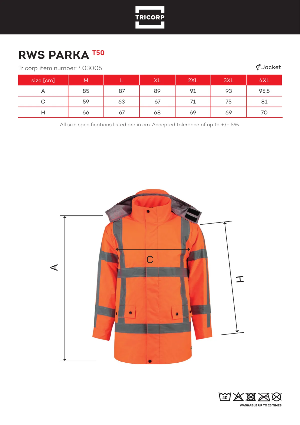 TRICORP RWS Parka (T50) gyártói méretlapja: mérettáblázat és a mérési pontok ábrája