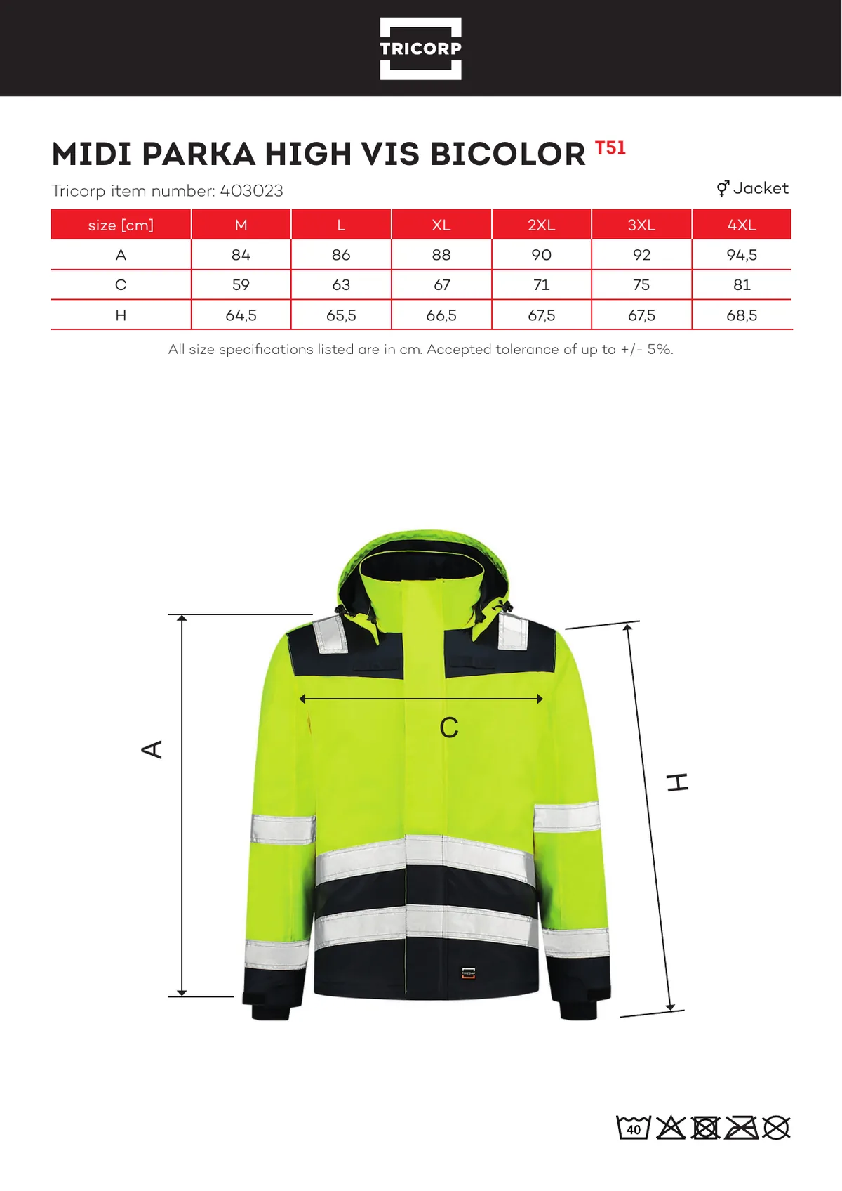 TRICORP Midi Parka High Vis Bicolor (T51) gyártói méretlapja: mérettáblázat és a mérési pontok ábrája