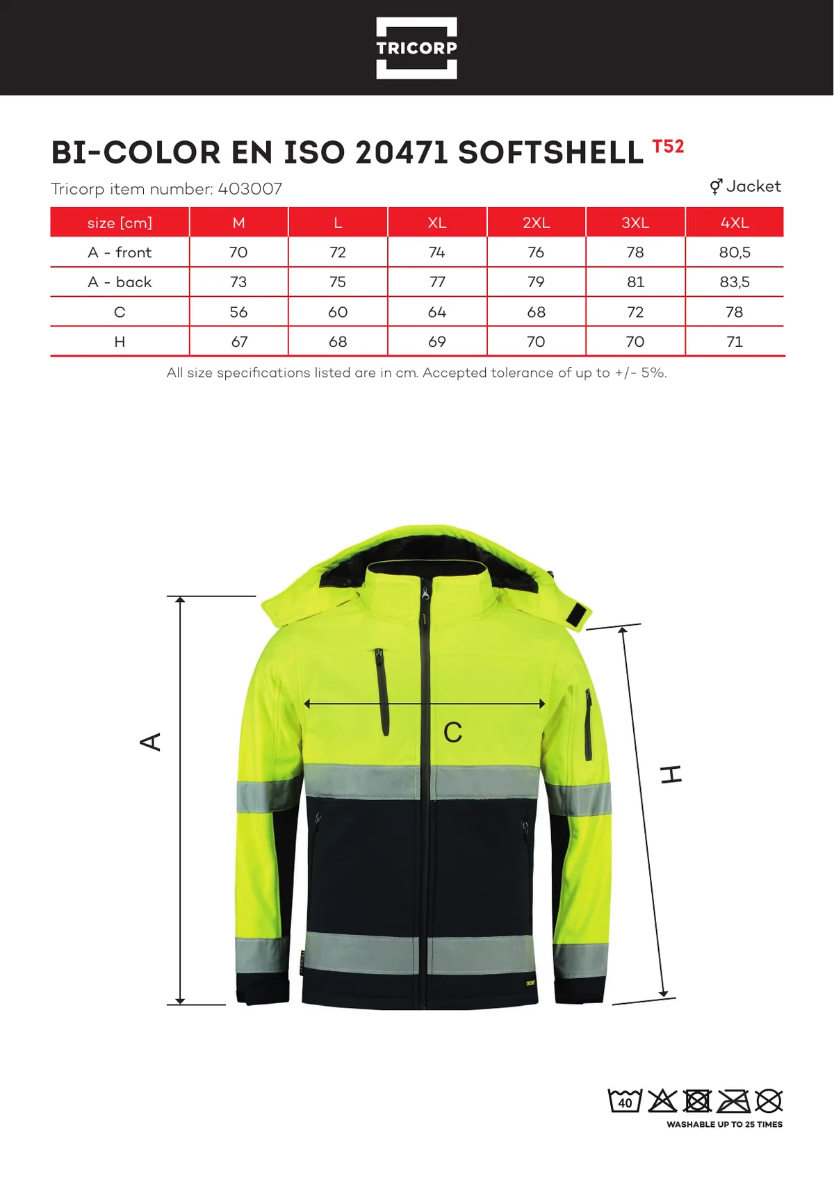 TRICORP Bi-color EN ISO 20471 Softshell (T52) gyártói méretlapja: mérettáblázat és a mérési pontok ábrája