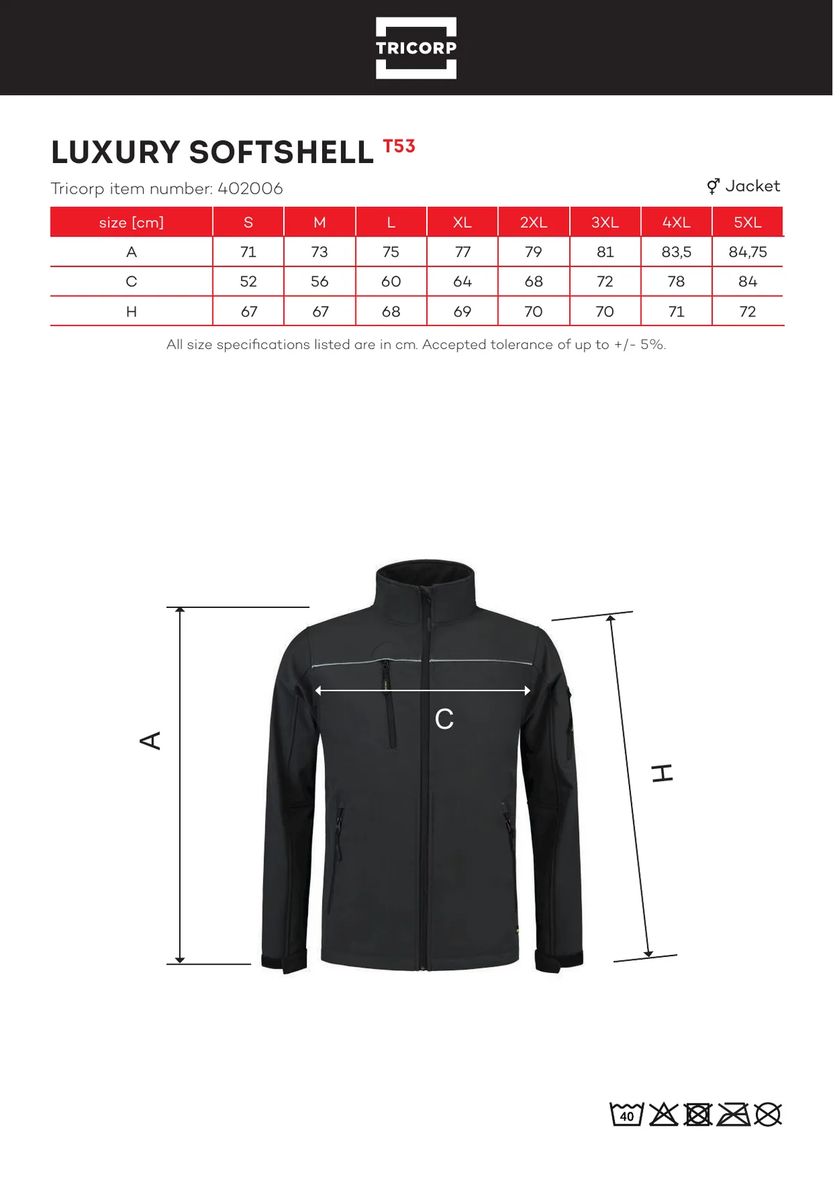 TRICORP Luxury Softshell (T53) gyártói méretlapja: mérettáblázat és a mérési pontok ábrája