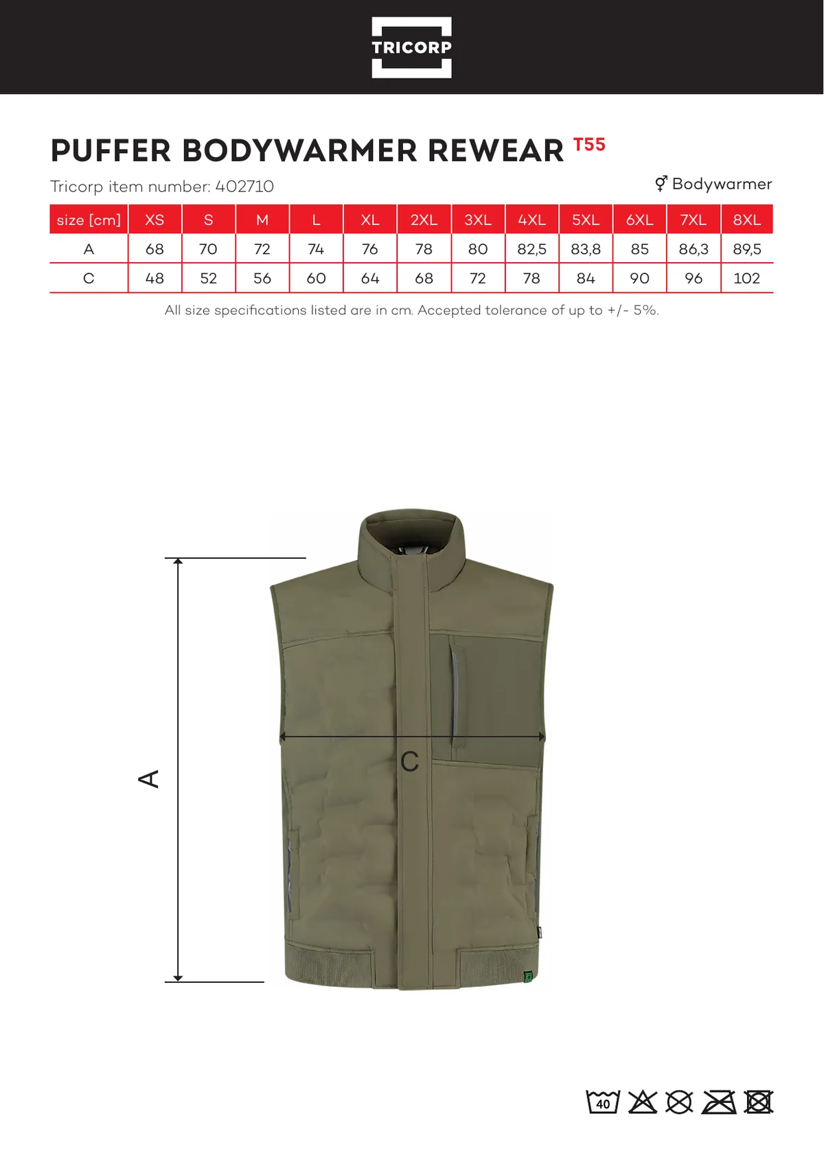 TRICORP Puffer Bodywarmer Rewear (T55) gyártói méretlapja: mérettáblázat és a mérési pontok ábrája