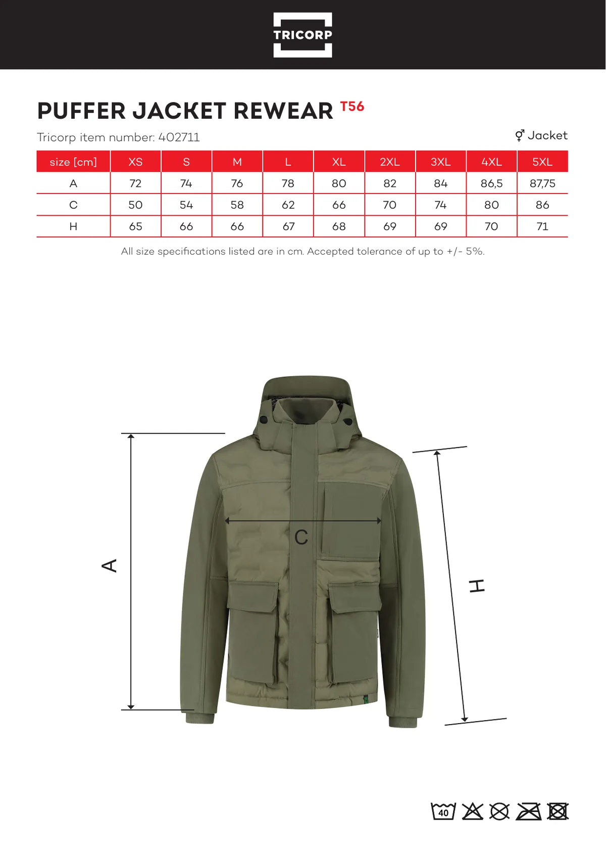TRICORP Puffer kabát Rewear (T56) gyártói méretlapja: mérettáblázat és a mérési pontok ábrája