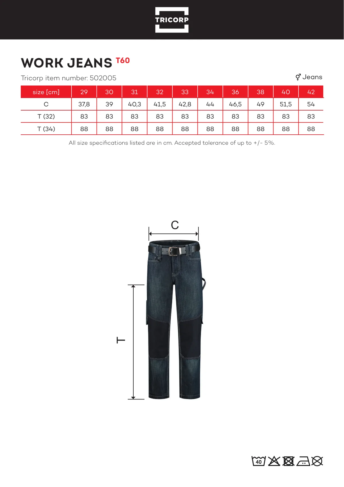 TRICORP Work Jeans derekas nadrág (T60) gyártói méretlapja: mérettáblázat és a mérési pontok ábrája