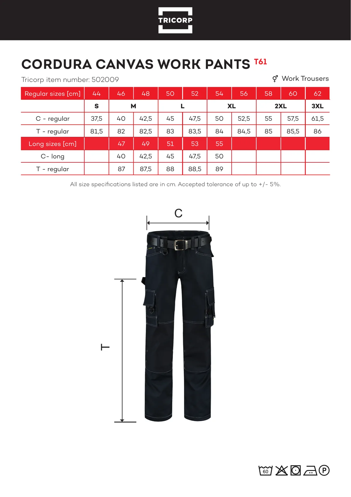 TRICORP Cordura Canvas Work Pants derekas nadrág (T61) gyártói méretlapja: mérettáblázat és a mérési pontok ábrája
