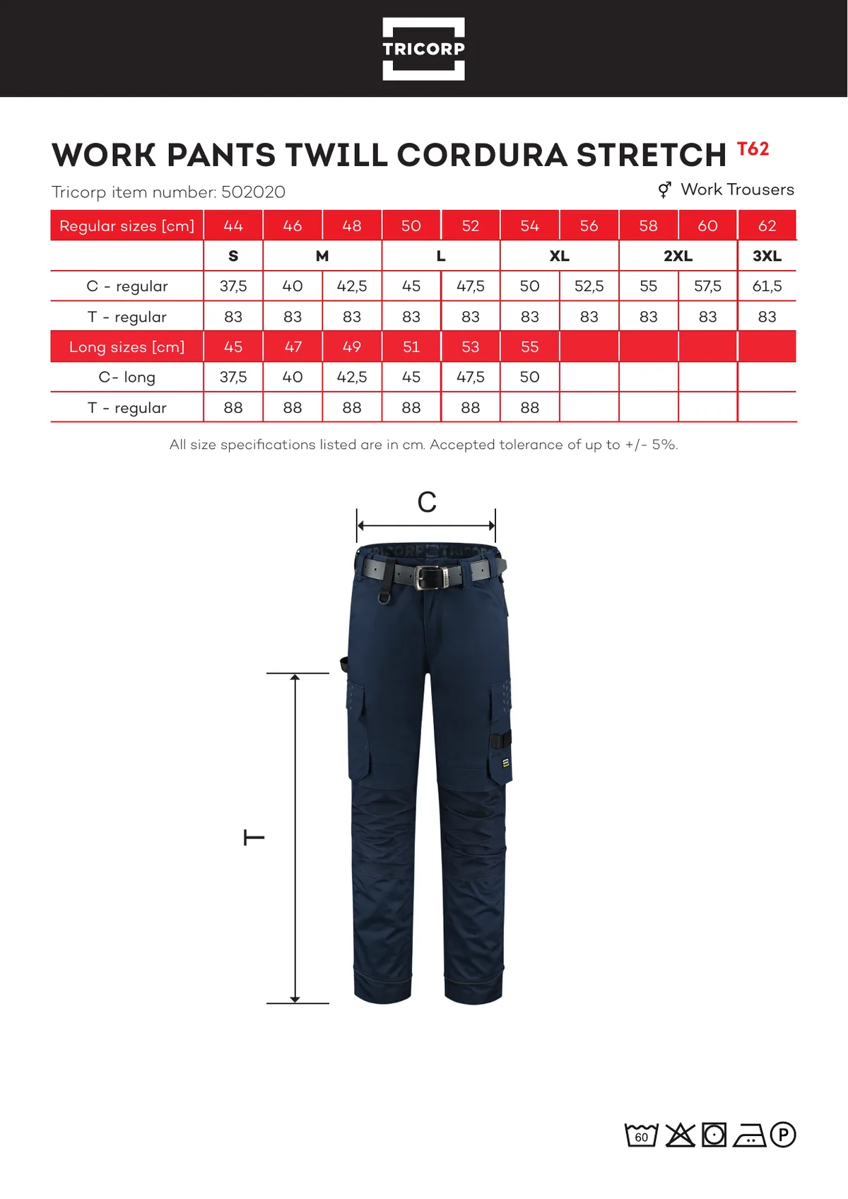 TRICORP Work Pants Twill Cordura Stretch derekas nadrág (T62) gyártói méretlapja: mérettáblázat és a mérési pontok ábrája
