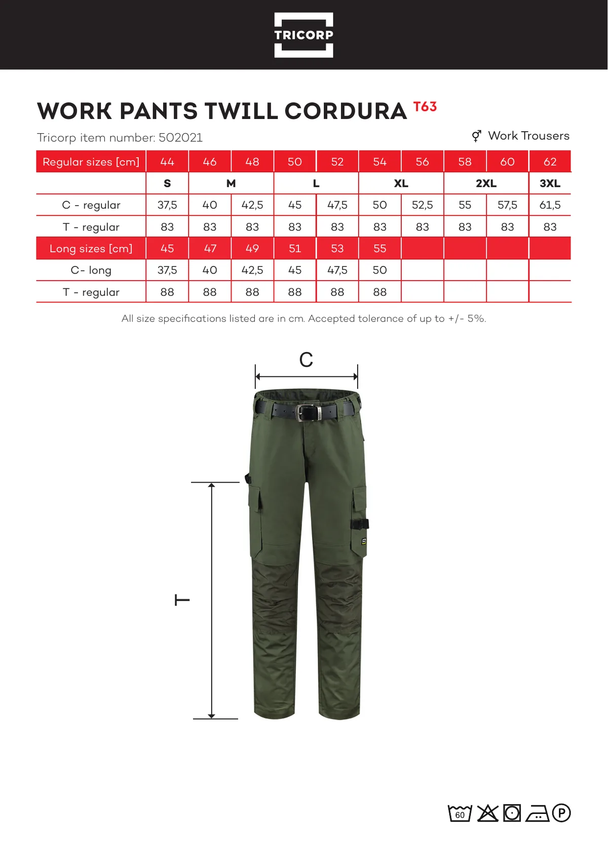 TRICORP Work Pants Twill Cordura derekas nadrág (T63) gyártói méretlapja: mérettáblázat és a mérési pontok ábrája
